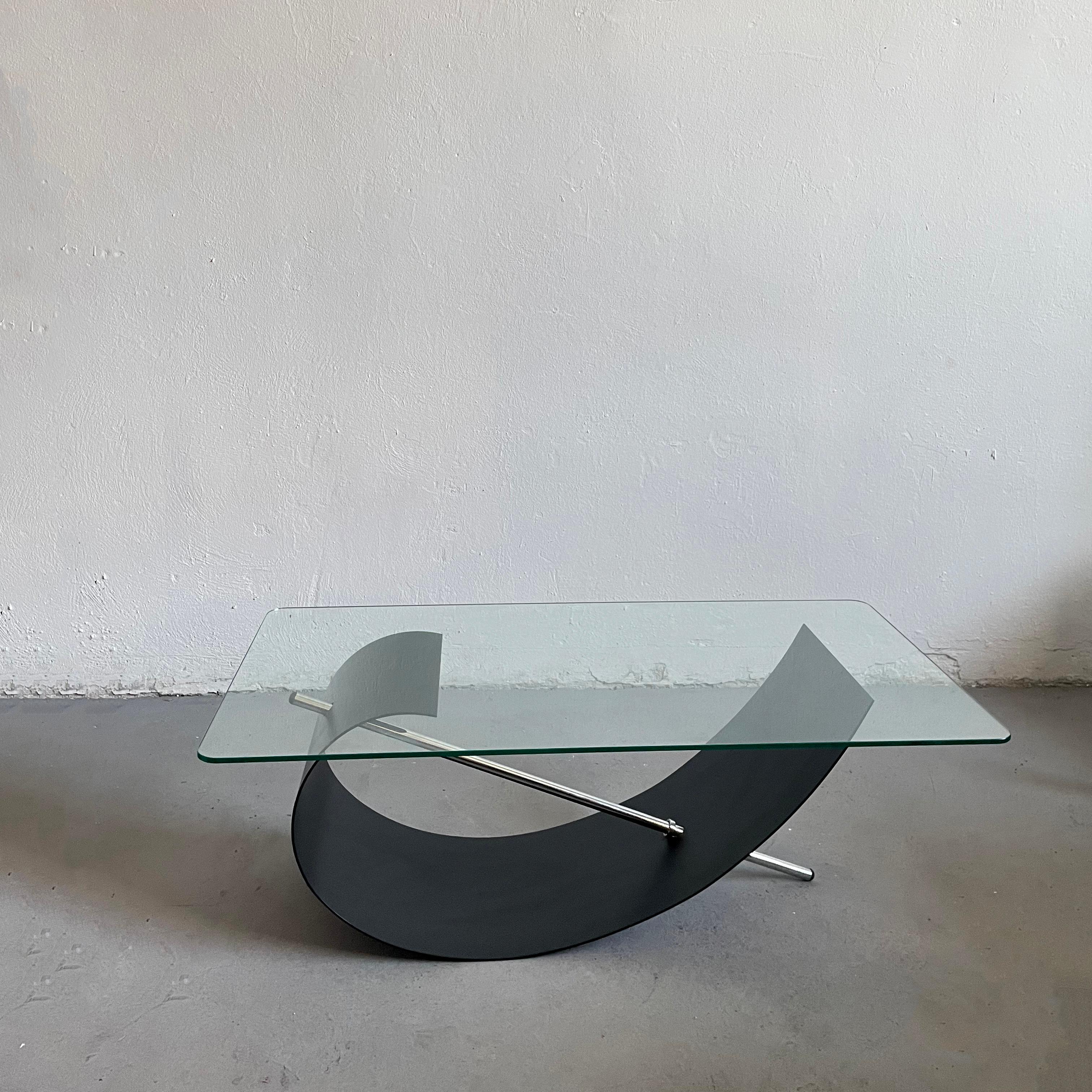 Cut Steel Sculptural Brutalist Steel and Glass Coffee Table For Sale