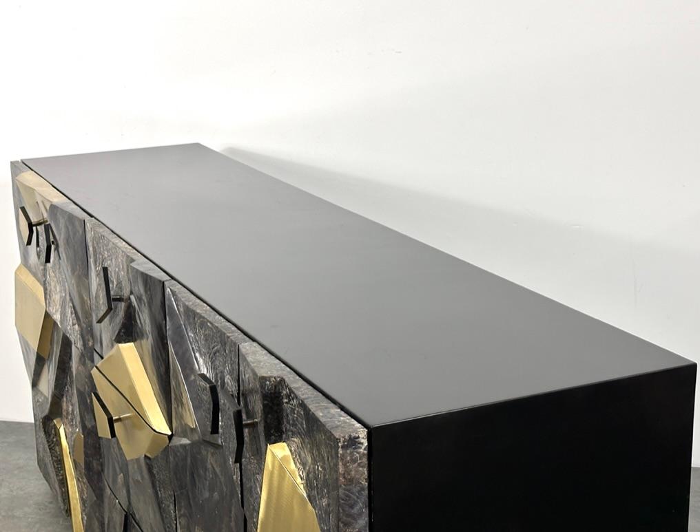 Sculptural Brutalist Stone and Brass Mosaic Credenza In the Style of Paul Evans 6