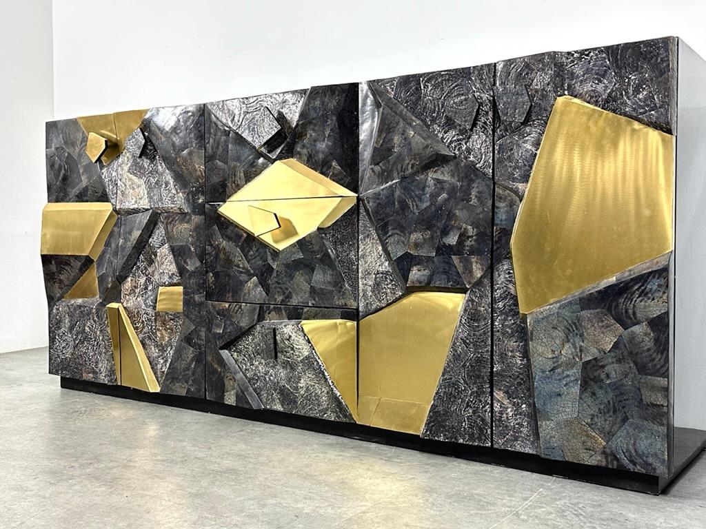 Mid-Century Modern Sculptural Brutalist Stone and Brass Mosaic Credenza In the Style of Paul Evans