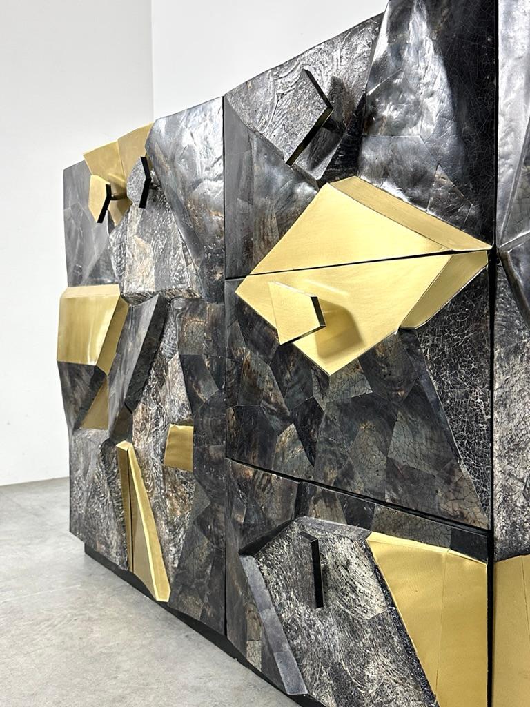 Sculptural Brutalist Stone and Brass Mosaic Credenza In the Style of Paul Evans In Good Condition In Troy, MI