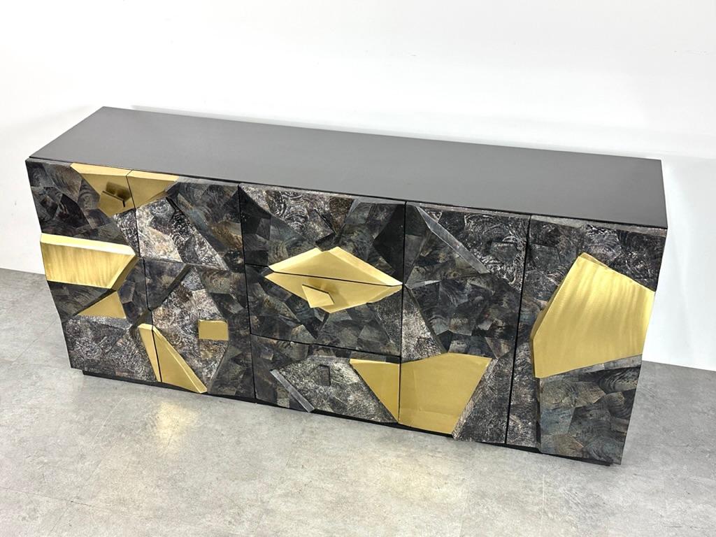 20th Century Sculptural Brutalist Stone and Brass Mosaic Credenza In the Style of Paul Evans For Sale