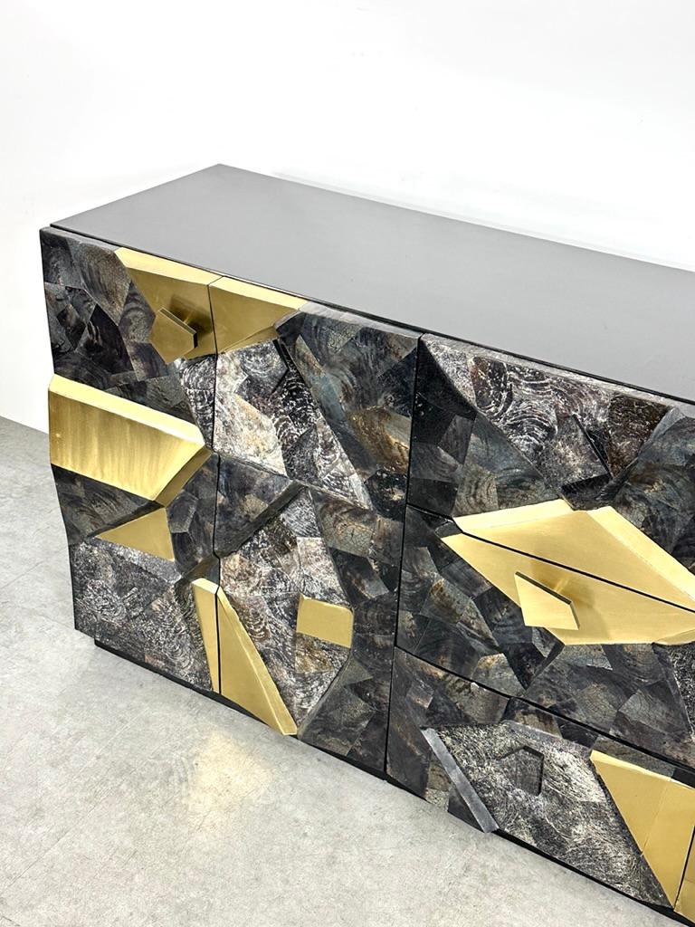 Sculptural Brutalist Stone and Brass Mosaic Credenza In the Style of Paul Evans For Sale 1