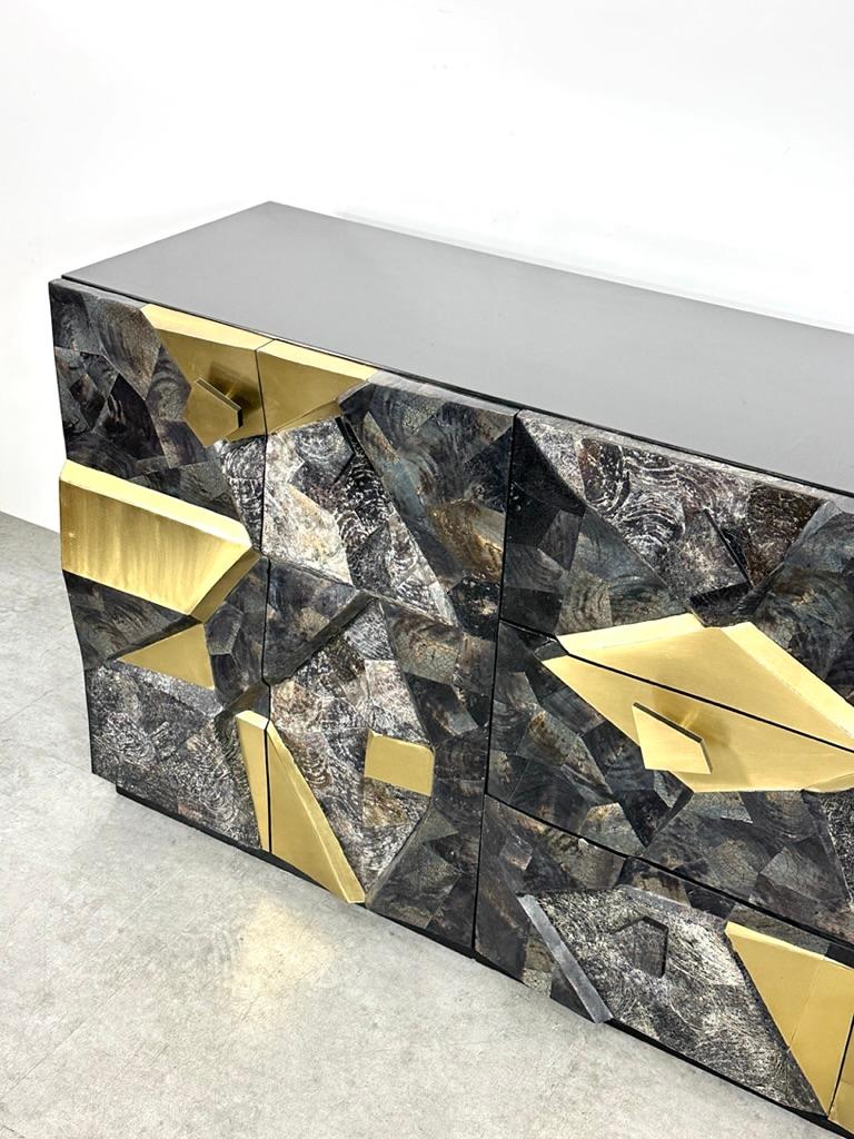 Sculptural Brutalist Stone and Brass Mosaic Credenza In the Style of Paul Evans 1