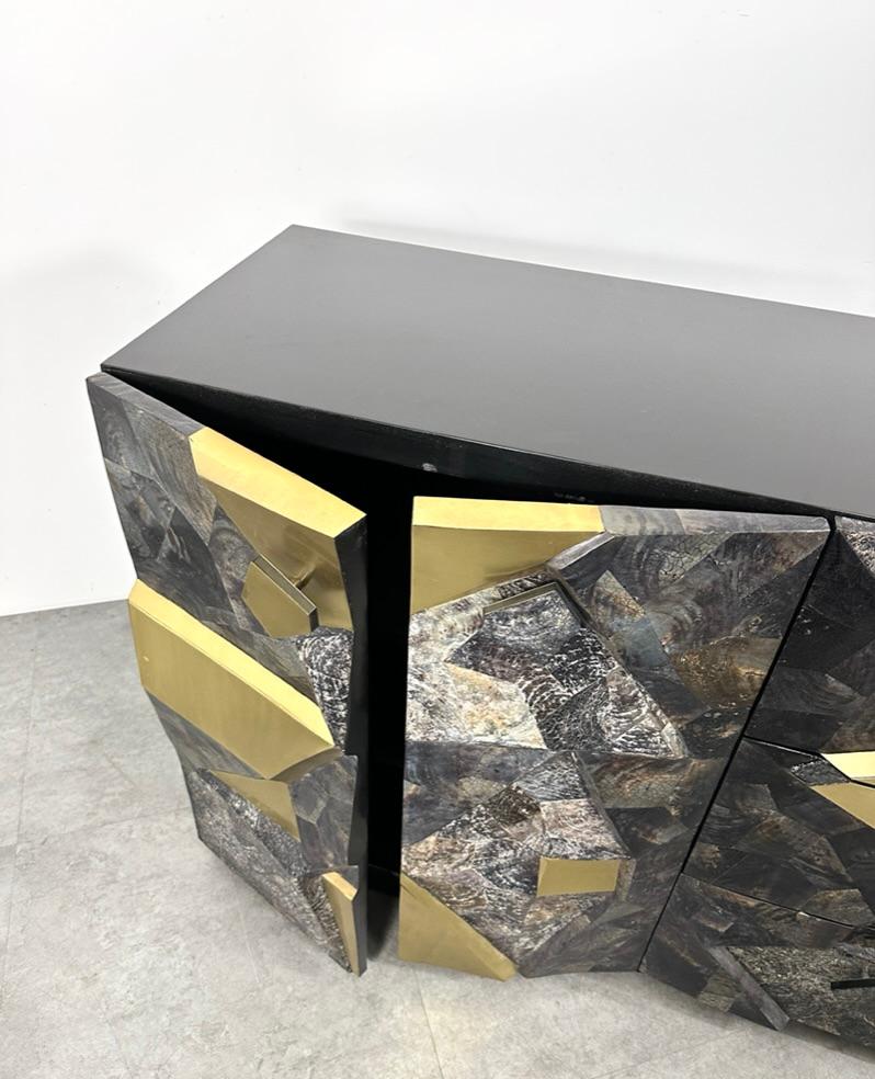 Sculptural Brutalist Stone and Brass Mosaic Credenza In the Style of Paul Evans 3