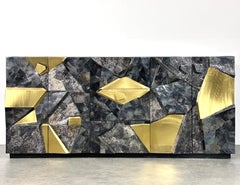 Sculptural Brutalist Stone and Brass Mosaic Credenza In the Style of Paul Evans