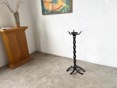 Sculptural Brutalist Wrought Iron Floor Candlestick, Folk Art Chain & Horseshoe