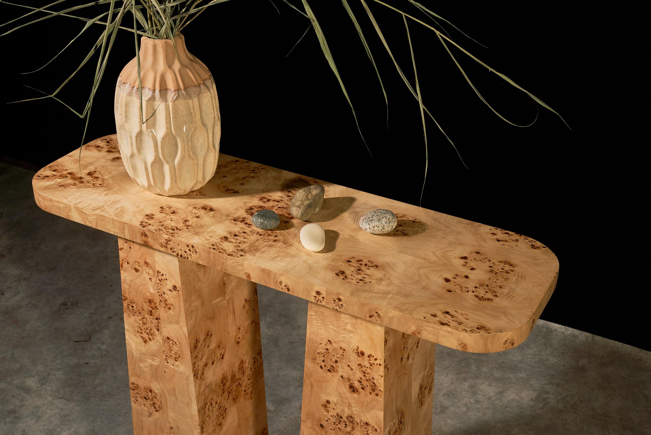 Brutalist Sculptural Burl Veneer Console — Handcrafted Architectural Statement For Sale