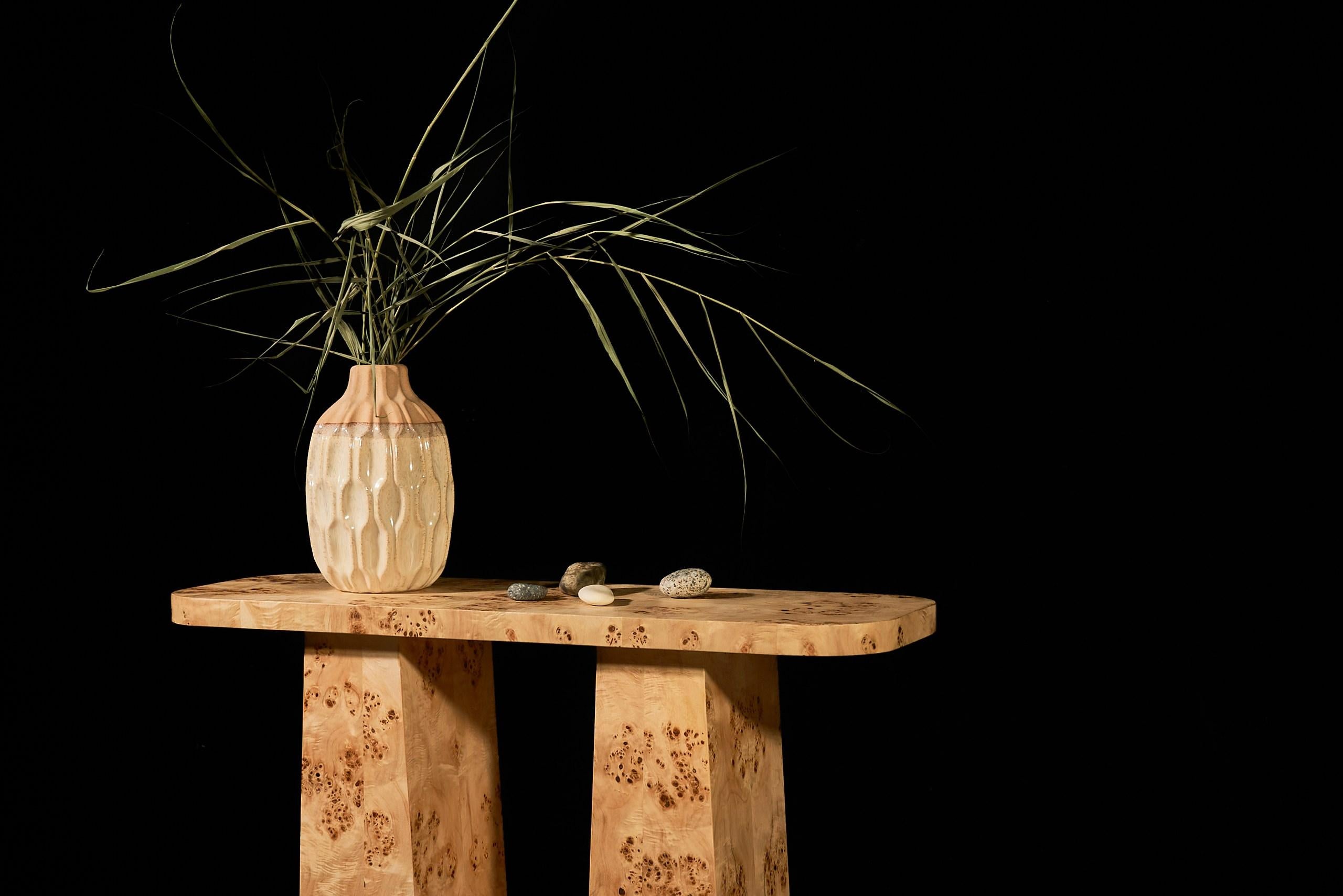 Hand-Crafted Sculptural Burl Veneer Console — Handcrafted Architectural Statement For Sale