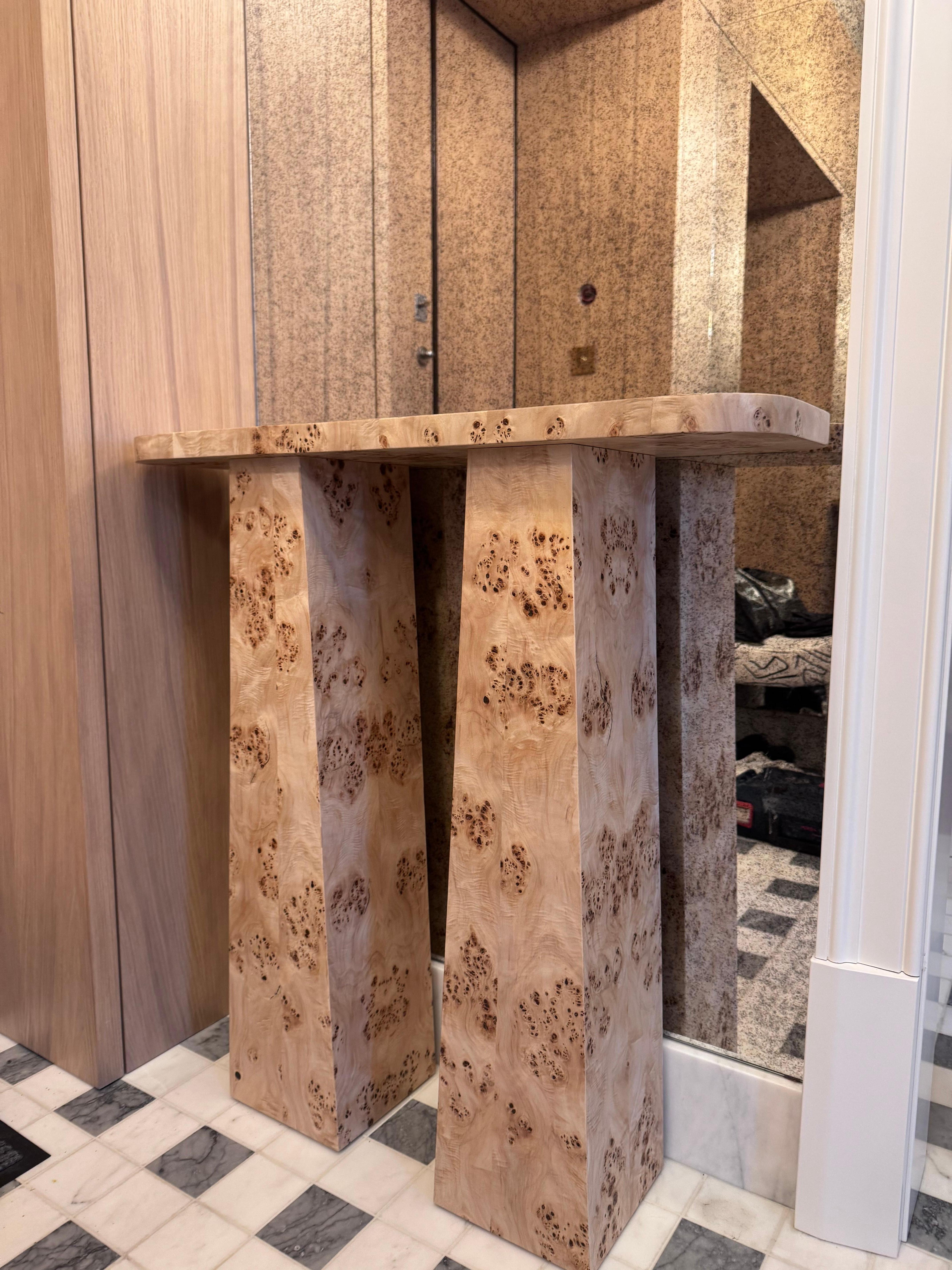 Contemporary Sculptural Burl Veneer Console — Handcrafted Architectural Statement For Sale