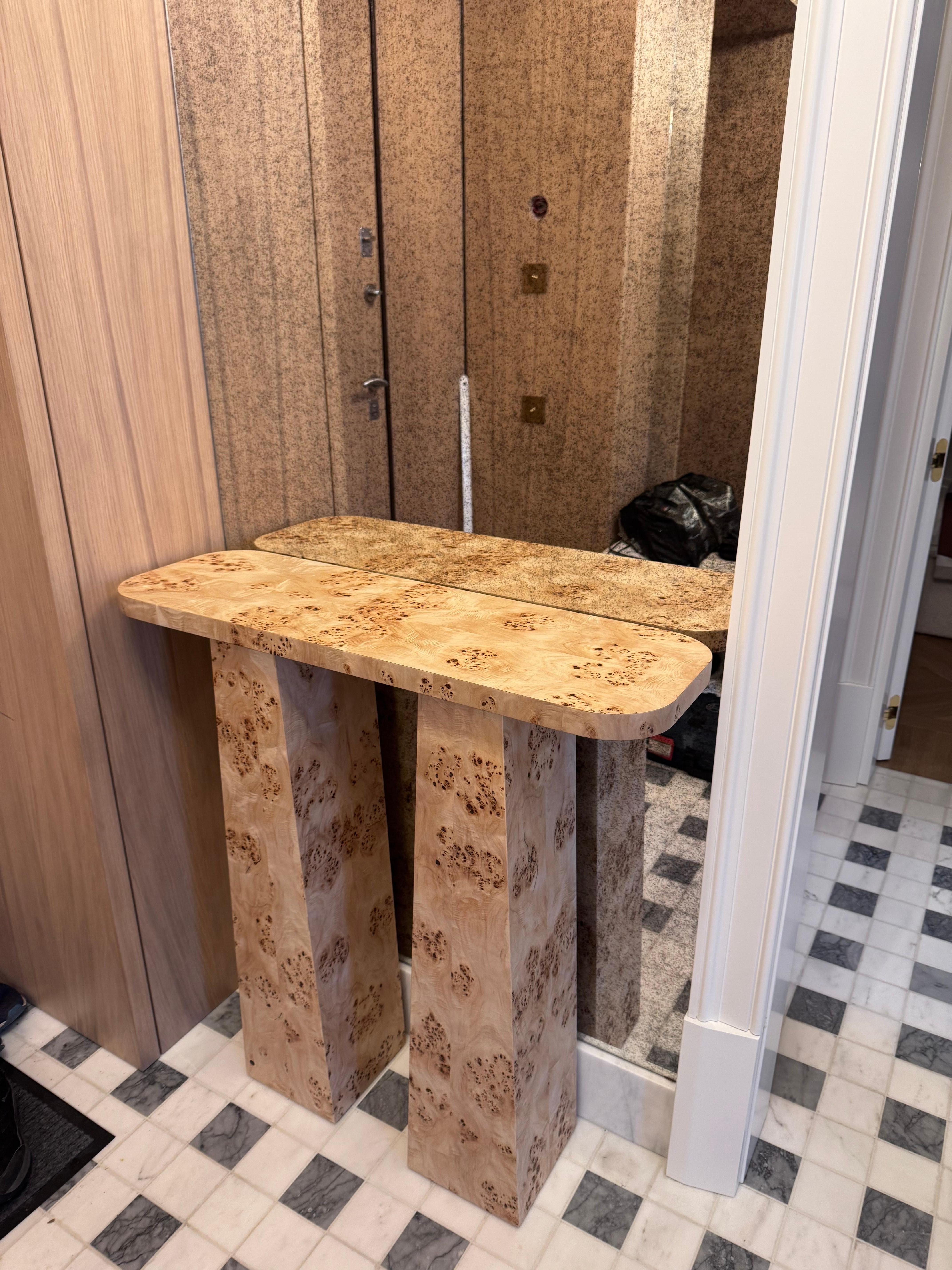 Sculptural Burl Veneer Console — Handcrafted Architectural Statement For Sale 1