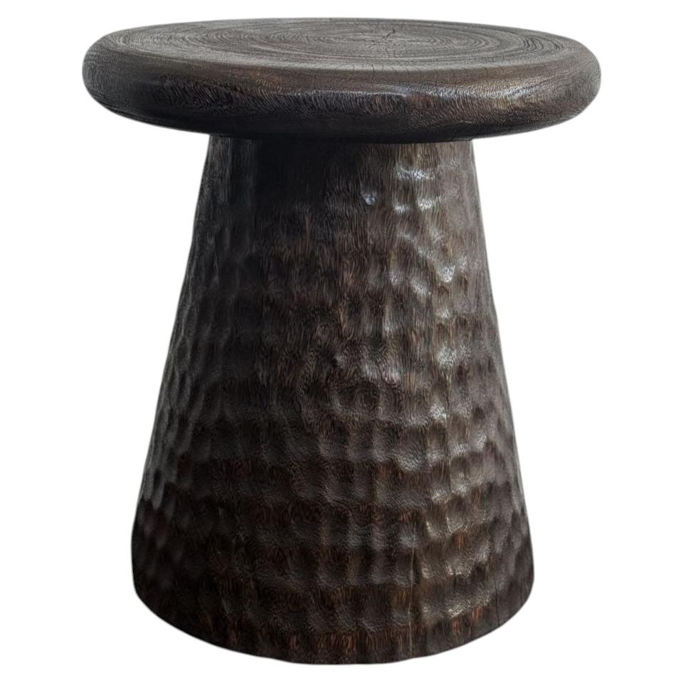 Sculptural Burnt Suar Wood Side Table in Espresso Finish, Hand-hewn Detailing
