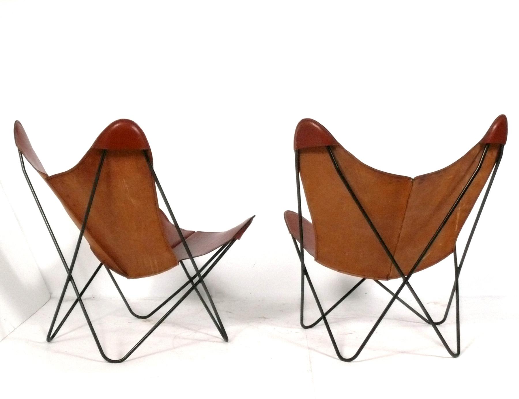 American Sculptural Butterfly Lounge Chairs by Jorge Ferrari Hardoy in Cognac Leather For Sale