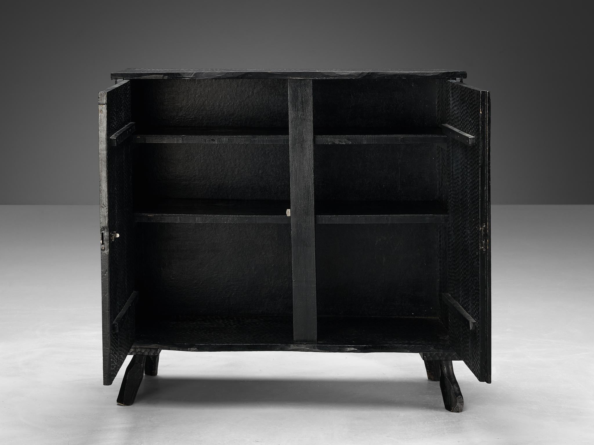 Sculptural Cabinet in Black Lacquered Wood with Decorative Carvings  For Sale 5