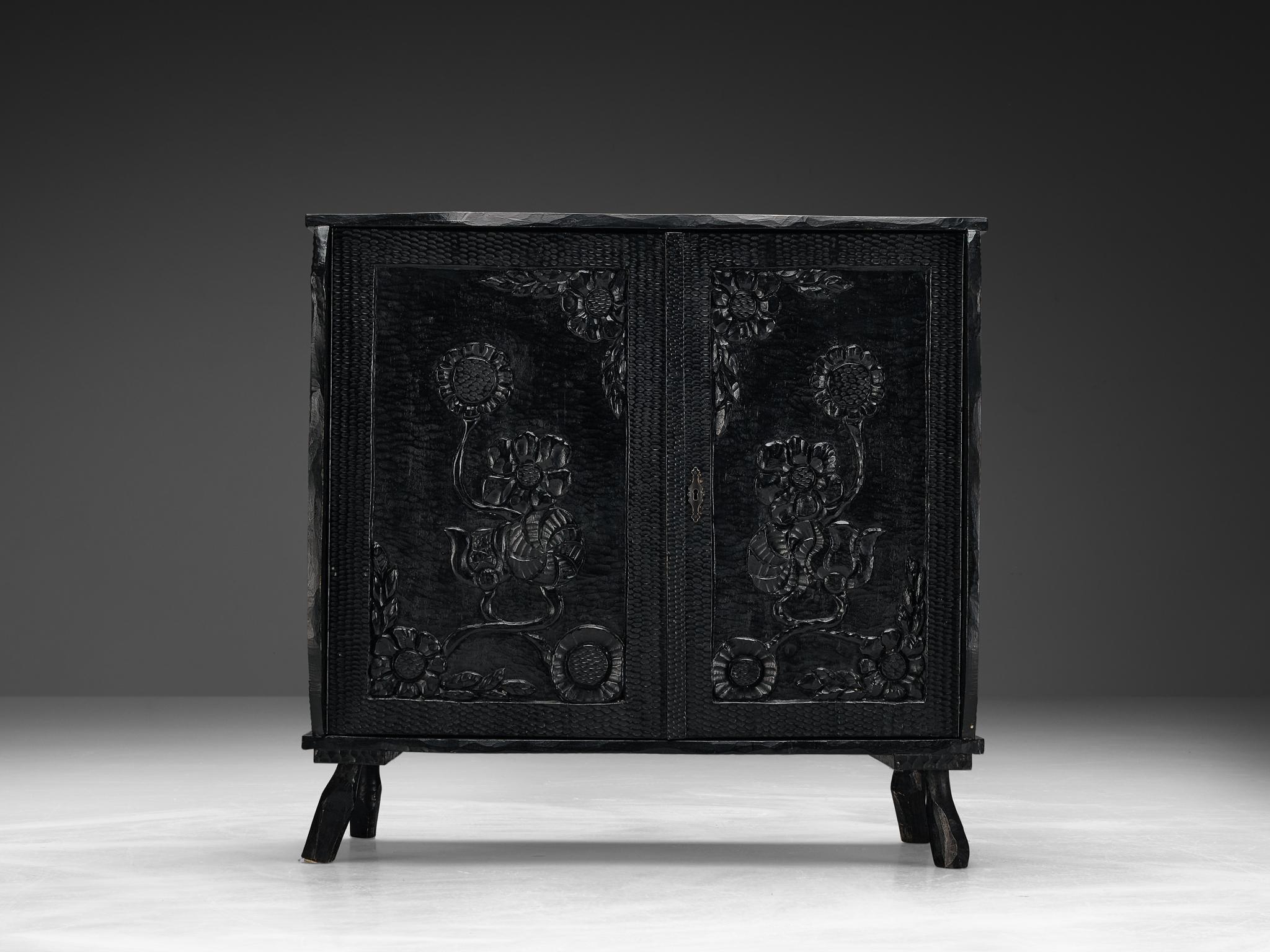 Late 20th Century Sculptural Cabinet in Black Lacquered Wood with Decorative Carvings  For Sale