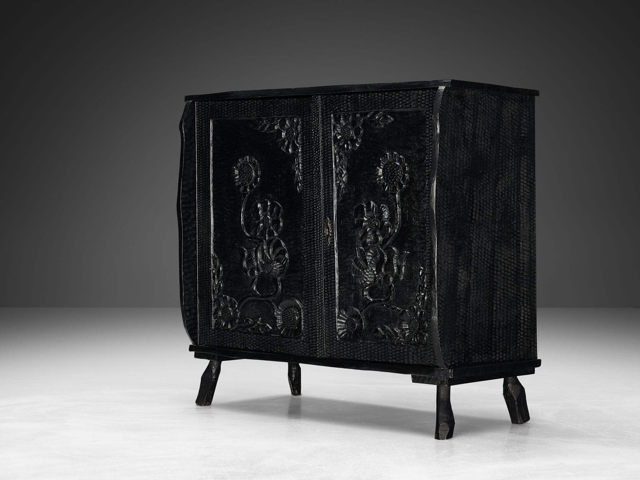 Sculptural Cabinet in Black Lacquered Wood with Decorative Carvings  For Sale 2