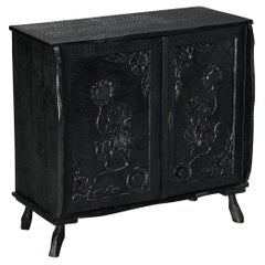 Retro Sculptural Cabinet in Black Lacquered Wood with Decorative Carvings 