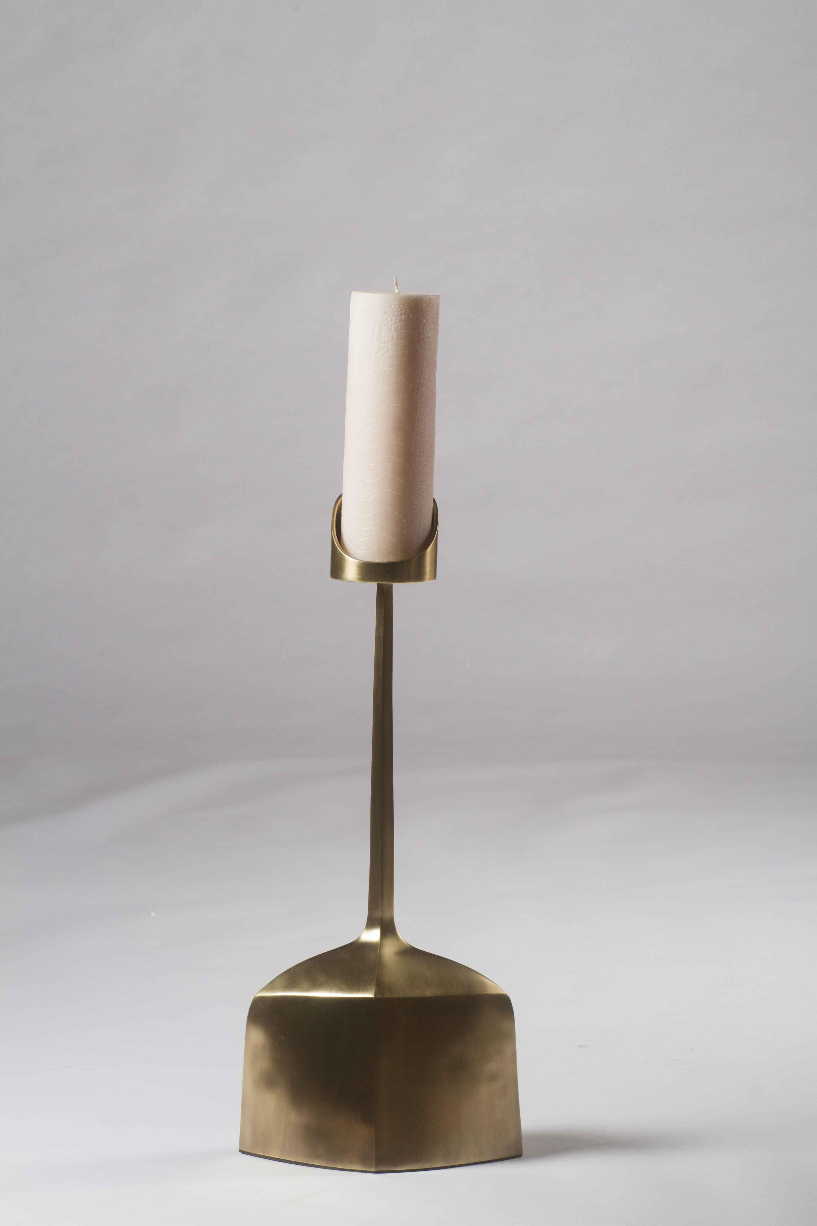 Hand-Crafted Sculptural Candle Base in Bronze Patina Brass by Patrick Coard, Paris For Sale