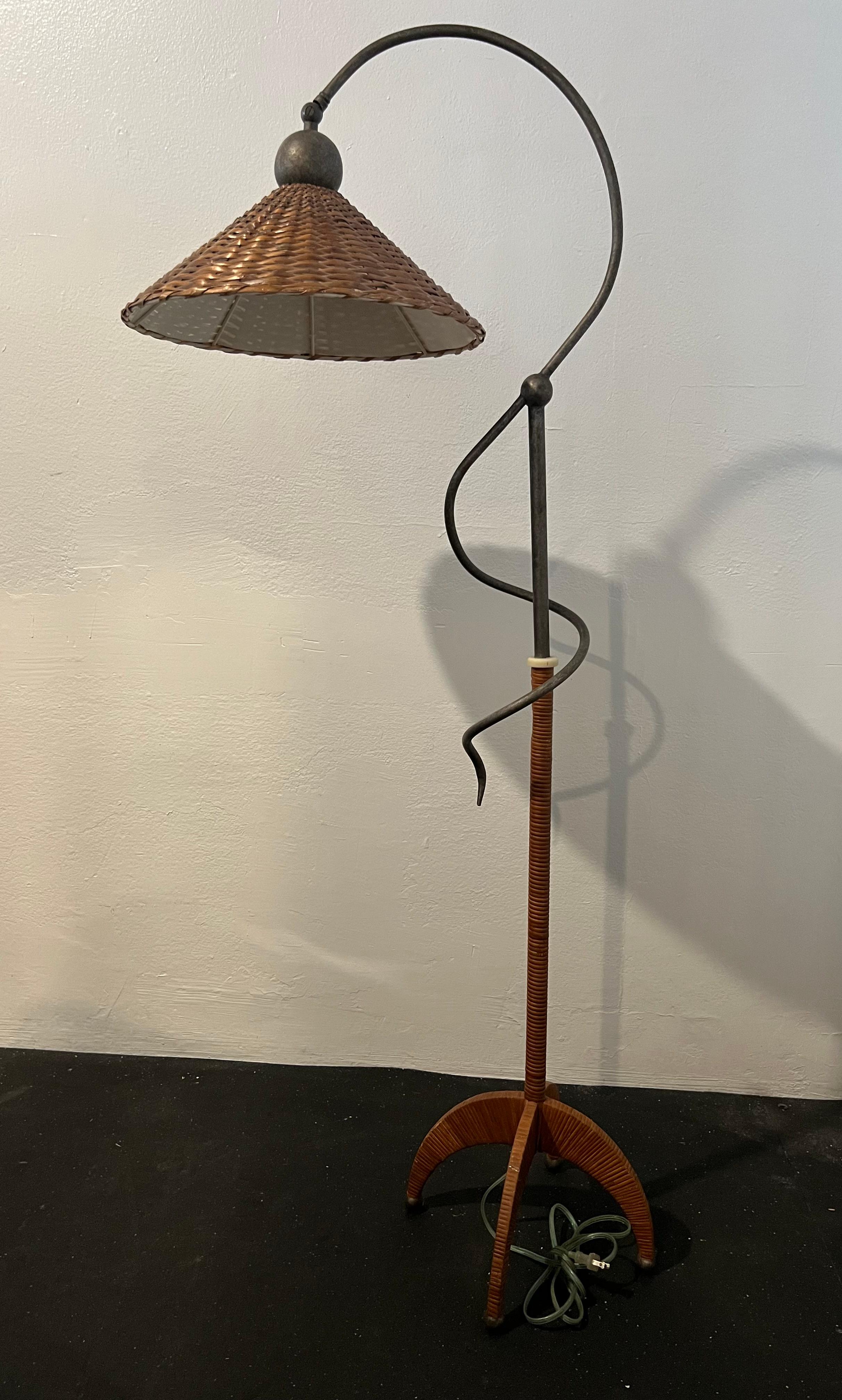 Metal Sculptural Cane Wrapped Floor Lamp For Sale