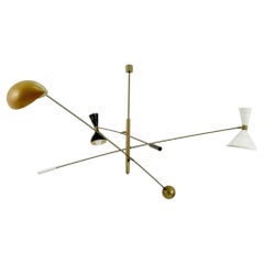 Sculptural Cantilever Chandelier in Patinated Brass & Lacquered Shades Mouille