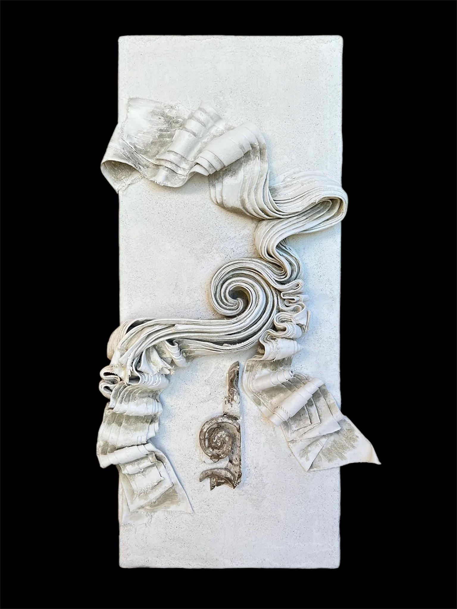 Sculptural canvas relief with a 17th century Italian Florence fragment by Elena Rousseau.

The sculpted canvas is molded together with fresco plaster, gesso, ash, green earth, and 24k shell gold on board. The original 17th century Italian Florence