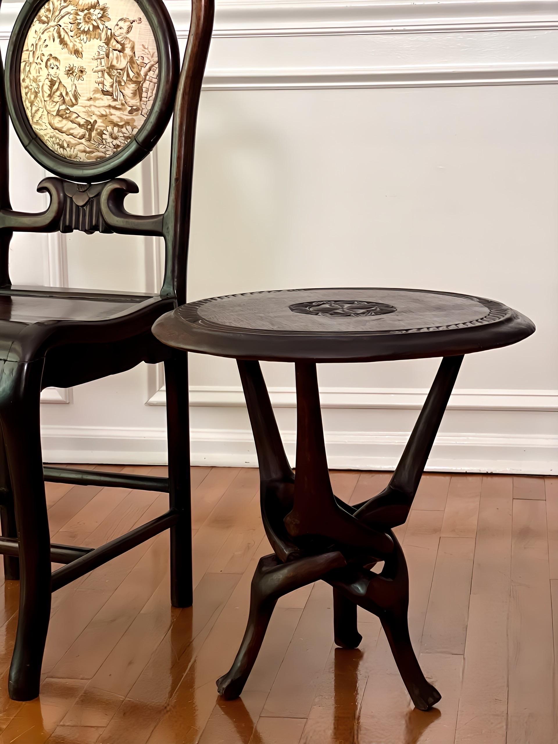 Sculptural Carved Hardwood Round African Side Table For Sale 4