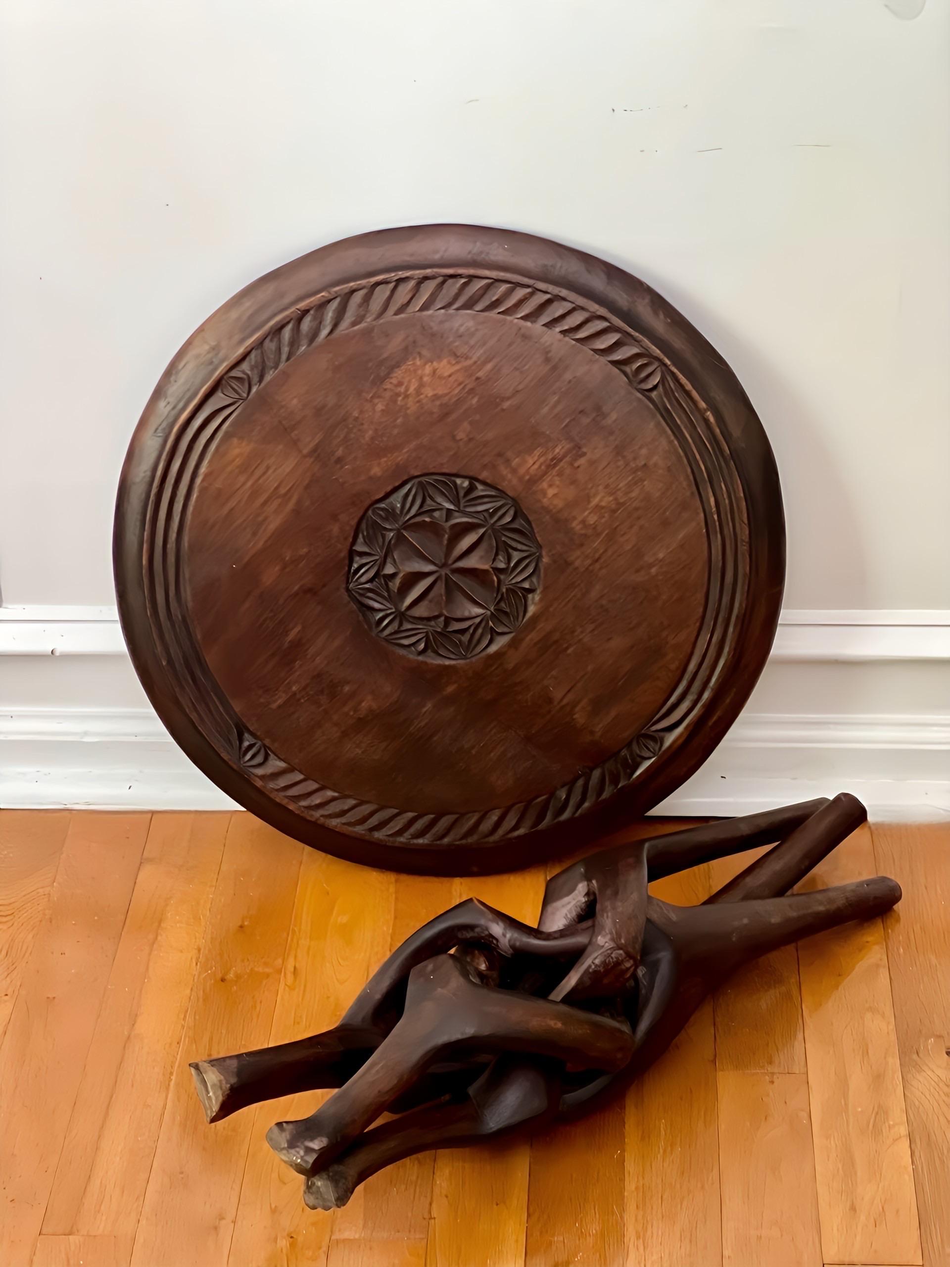 Sculptural Carved Hardwood Round African Side Table For Sale 5