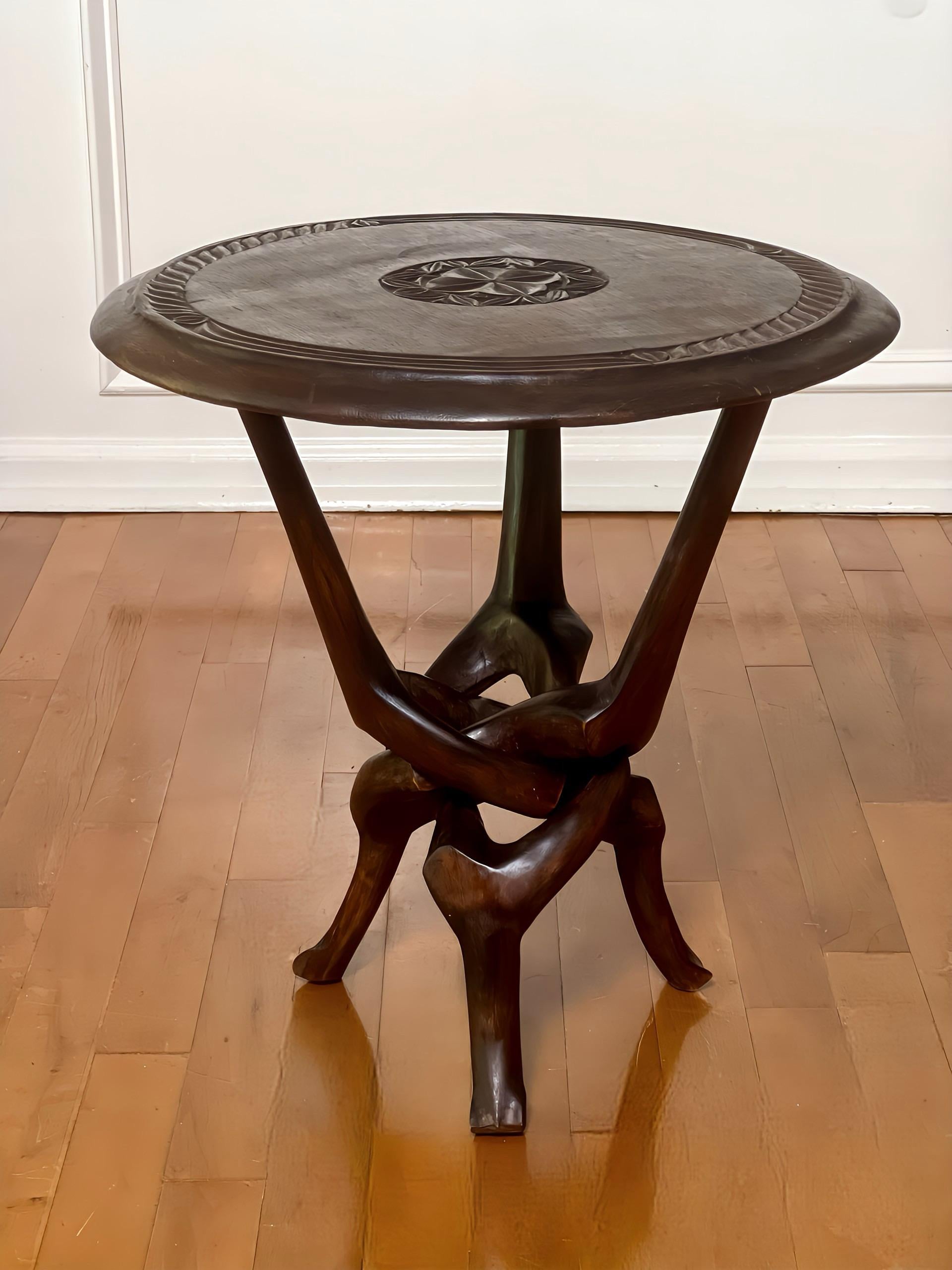 Tribal Sculptural Carved Hardwood Round African Side Table For Sale