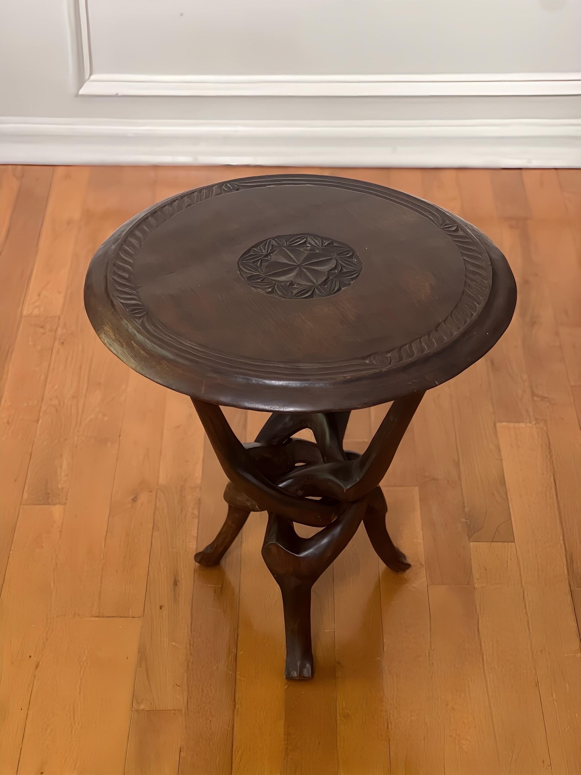 Hand-Carved Sculptural Carved Hardwood Round African Side Table For Sale
