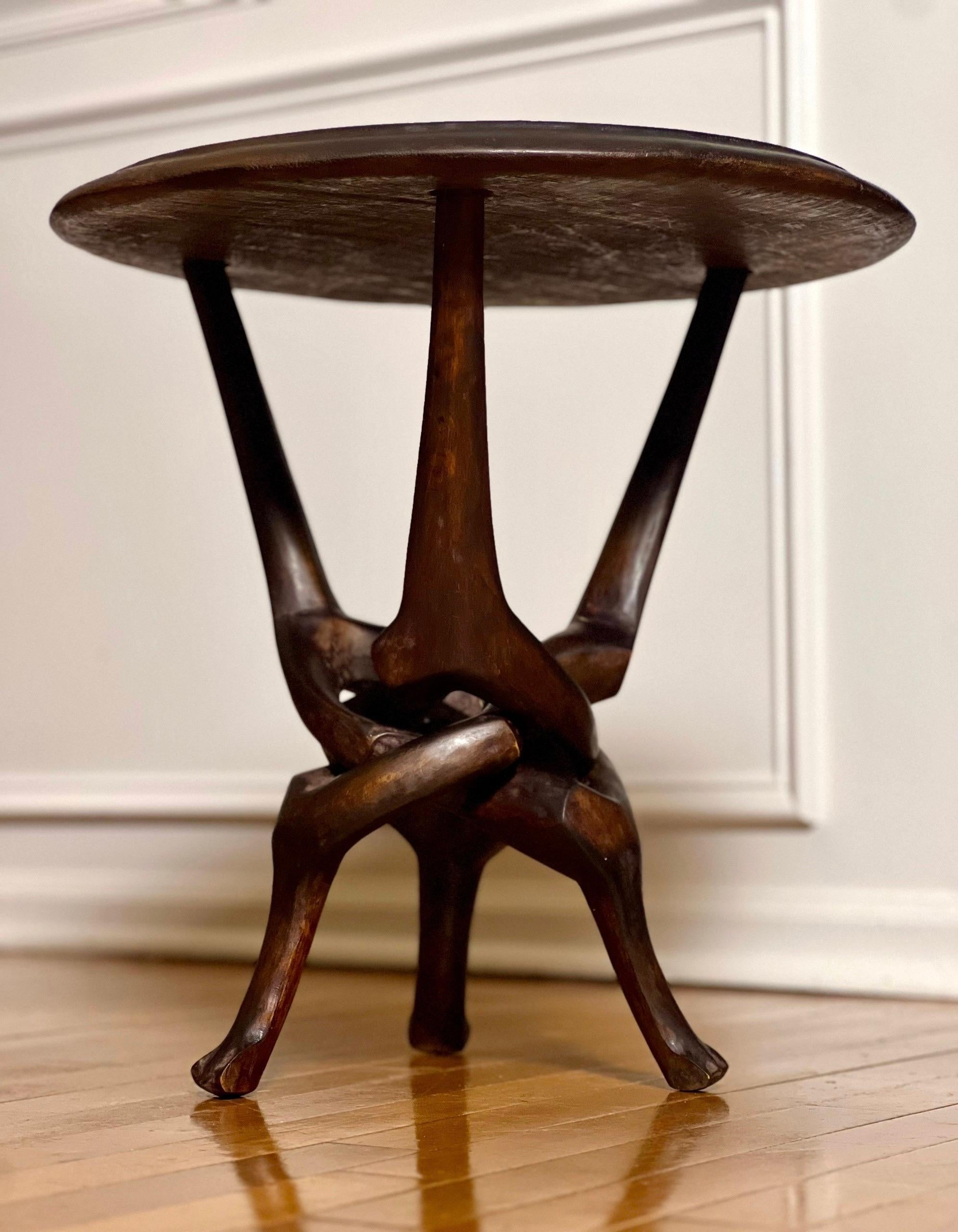 Sculptural Carved Hardwood Round African Side Table In Good Condition For Sale In Doylestown, PA