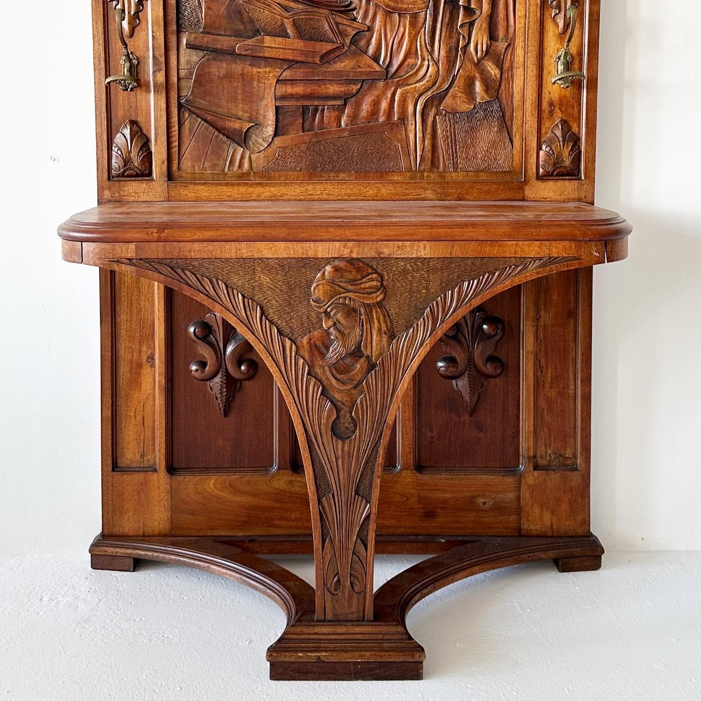 Sculptural carved oak hall tree  In Good Condition For Sale In Los Angeles, CA