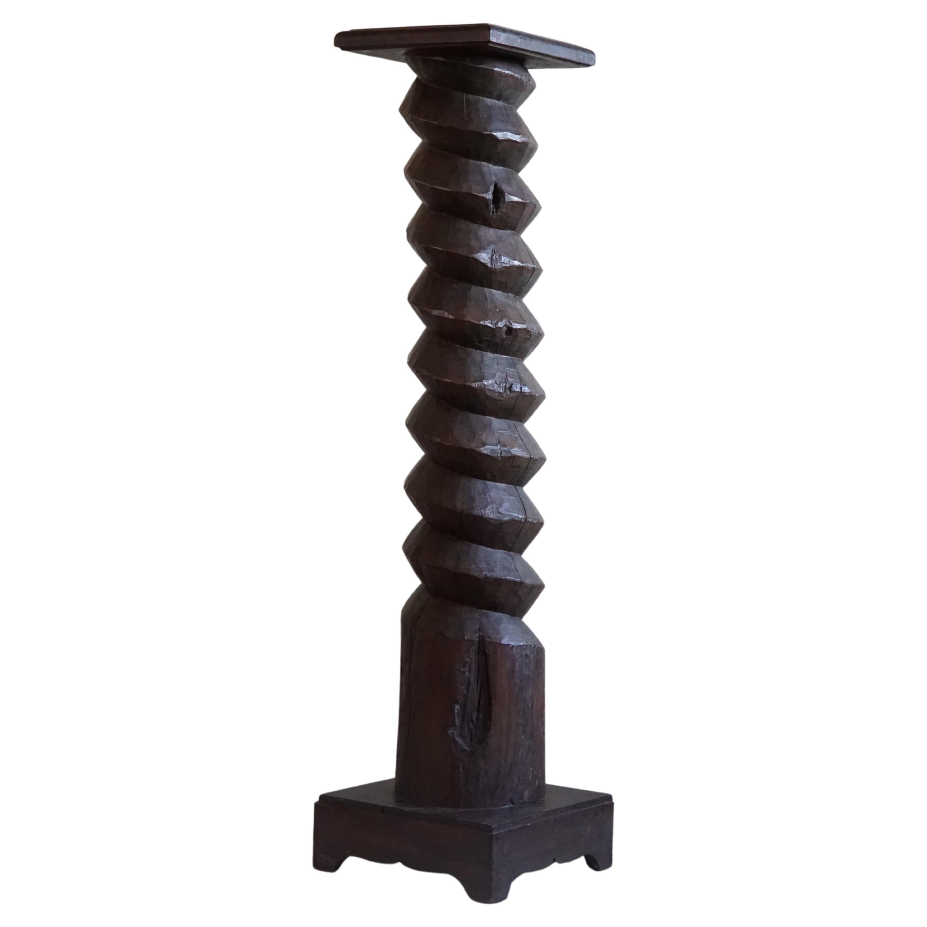 Sculptural Carved Pedestal in Solid Oak, Antique Italian, 19th Century For Sale