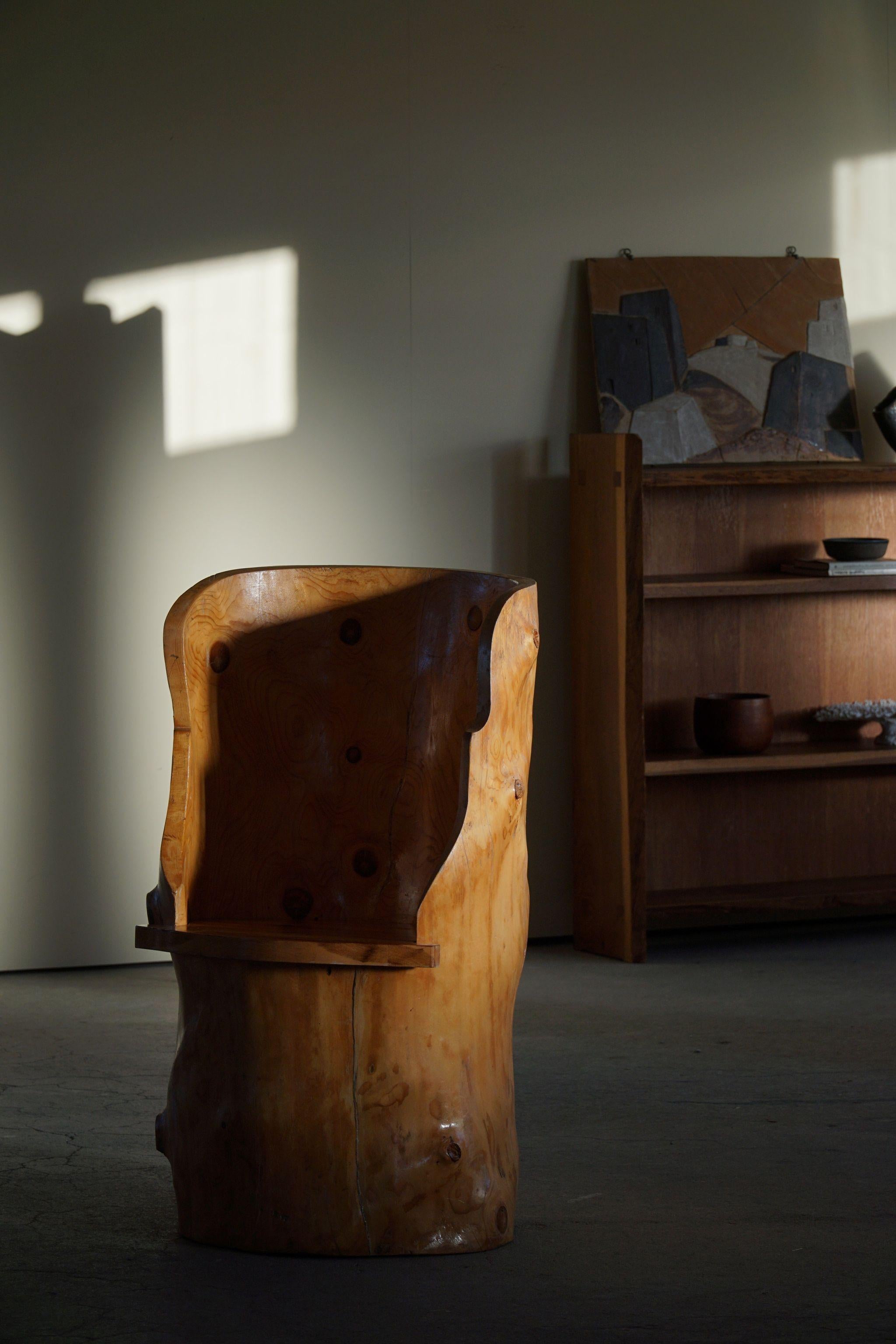 Sculptural Carved Wabi Sabi Brutalist Stump Chair in Solid Pine, Swedish, 1960s For Sale 4