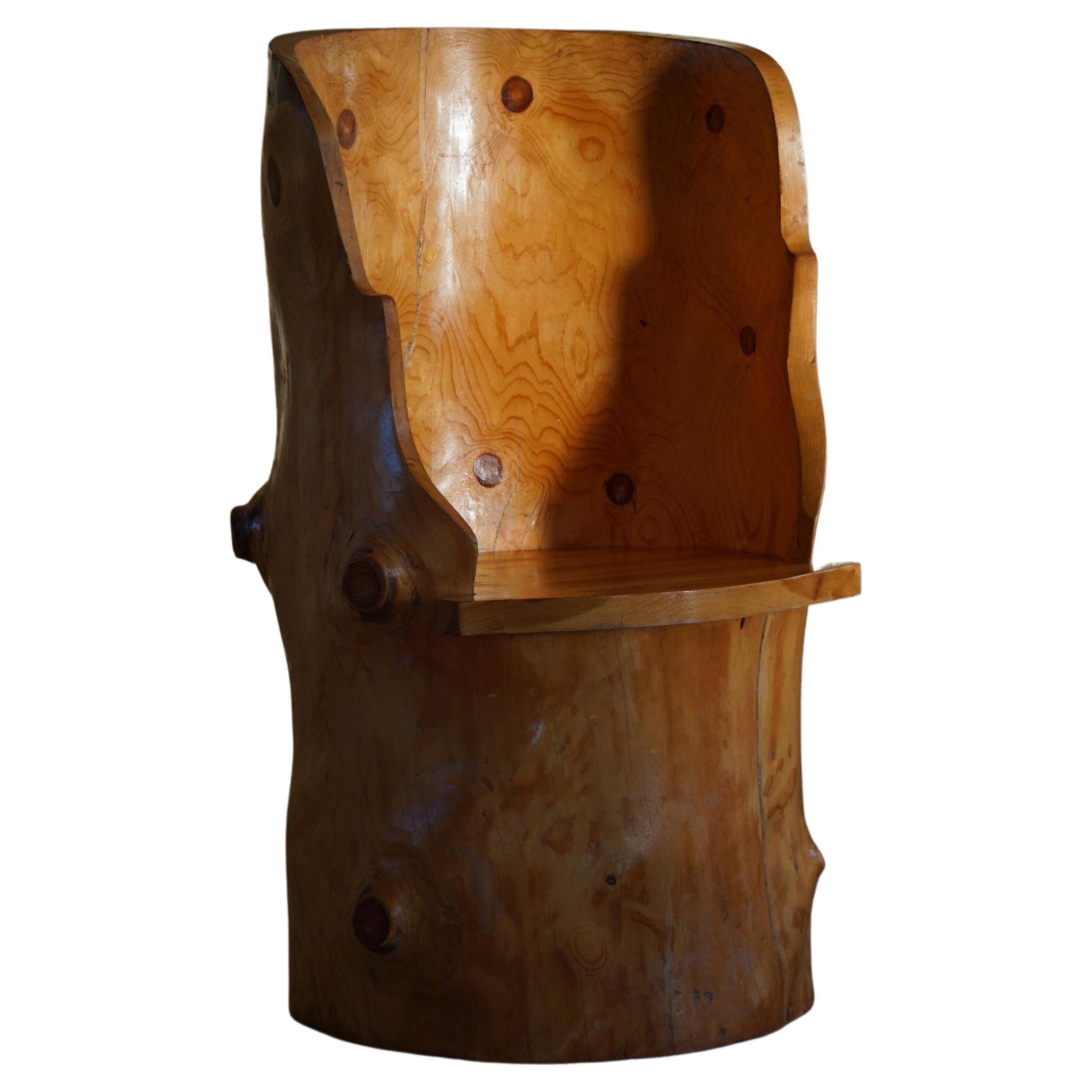 Sculptural Carved Wabi Sabi Brutalist Stump Chair in Solid Pine, Swedish, 1960s