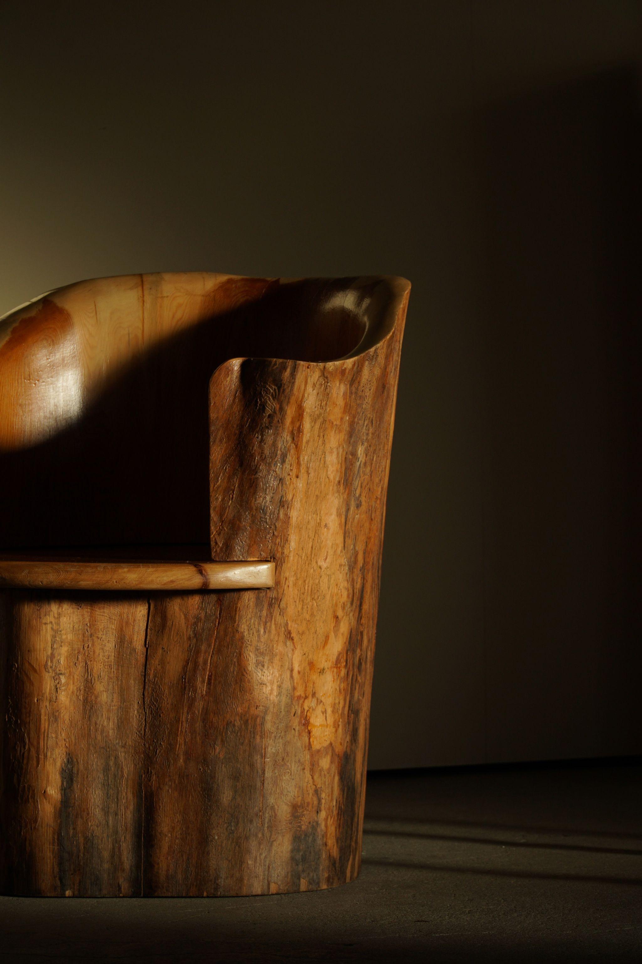 Scandinavian Modern Sculptural Carved Wabi Sabi Brutalist Stump Chair in Solid Pine, Swedish, 1968 For Sale