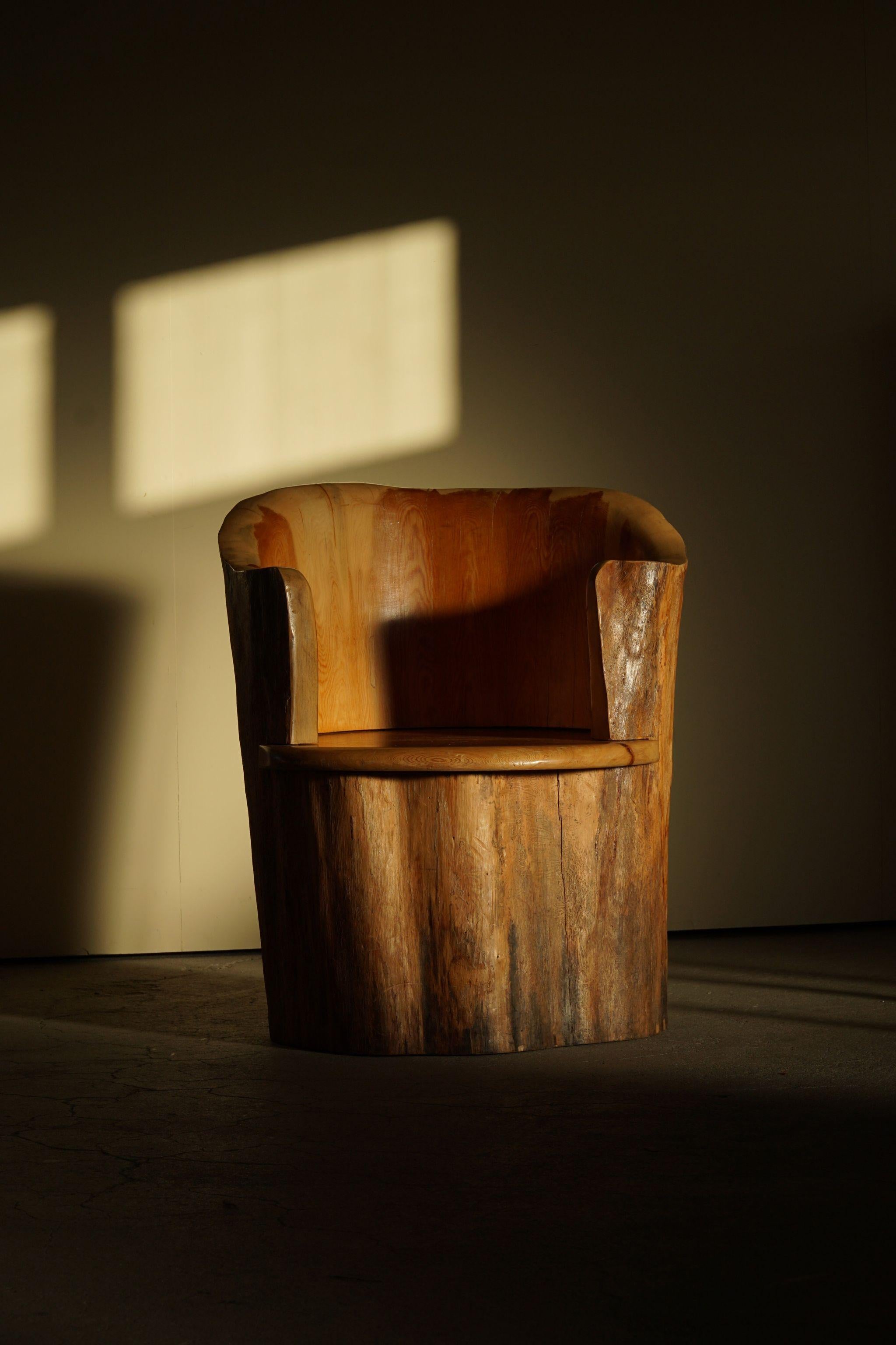 20th Century Sculptural Carved Wabi Sabi Brutalist Stump Chair in Solid Pine, Swedish, 1968 For Sale