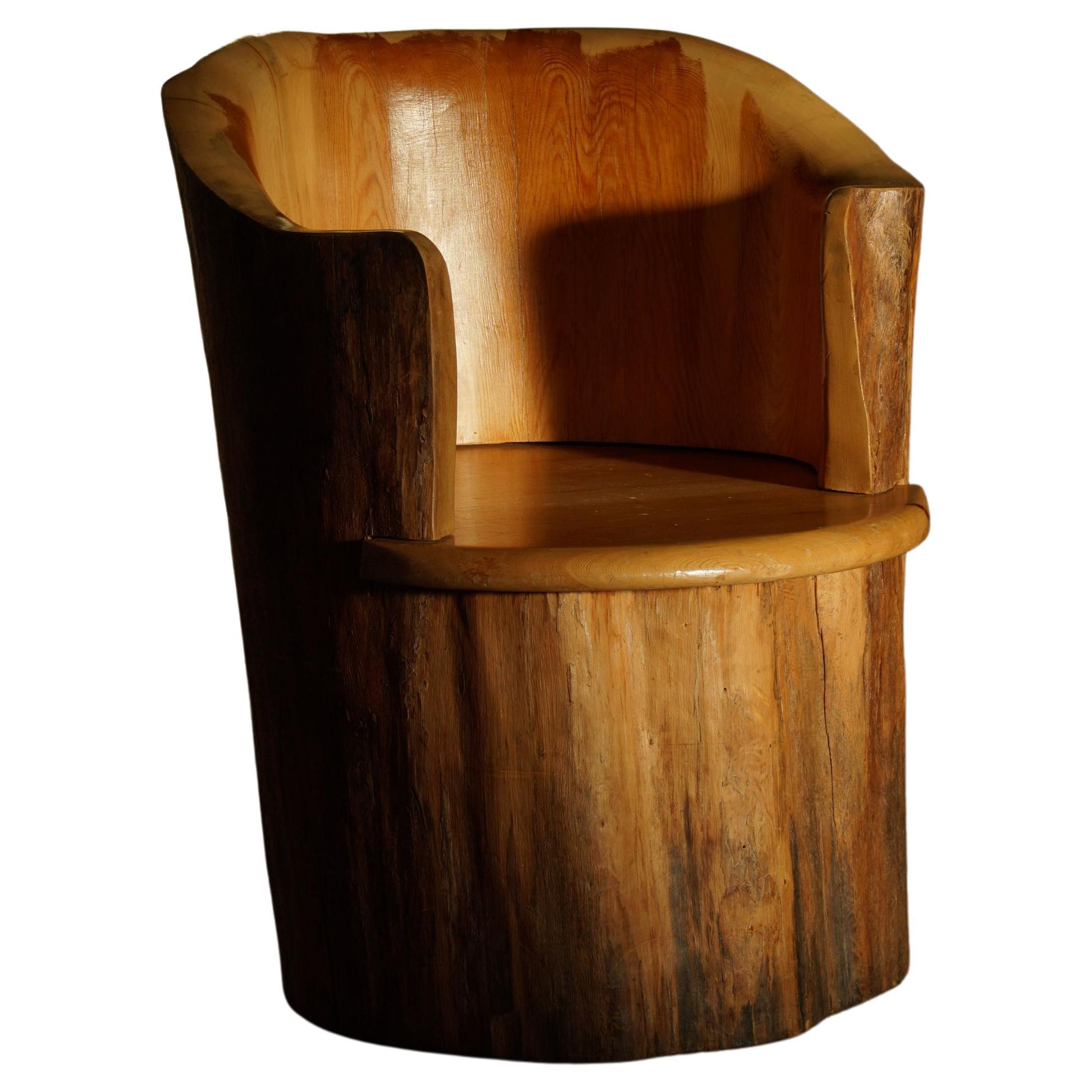 Sculptural Carved Wabi Sabi Brutalist Stump Chair in Solid Pine, Swedish, 1968