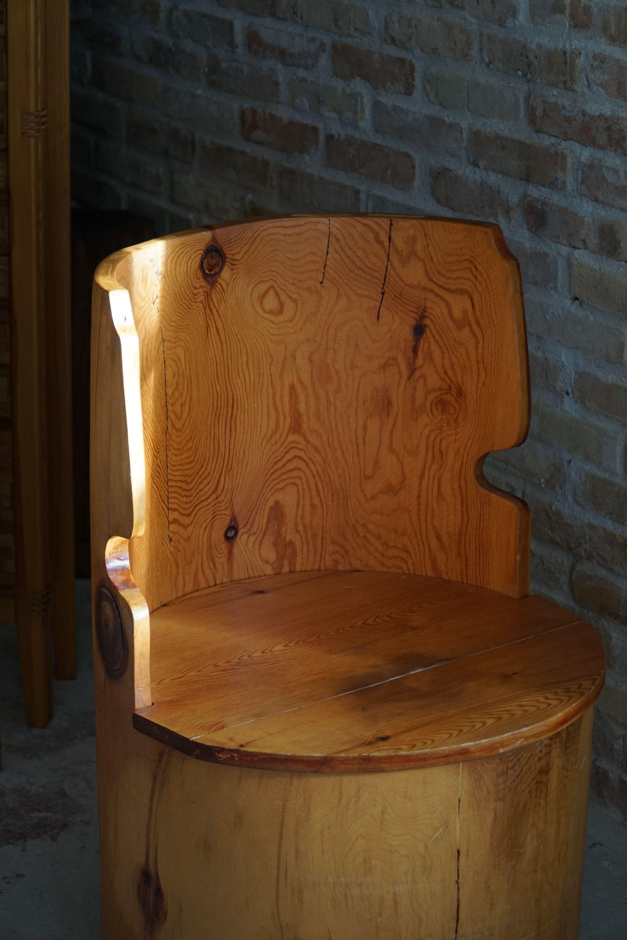 Sculptural Carved Wabi Sabi Brutalist Stump Chair in Solid Pine, Swedish, 1970s For Sale 4