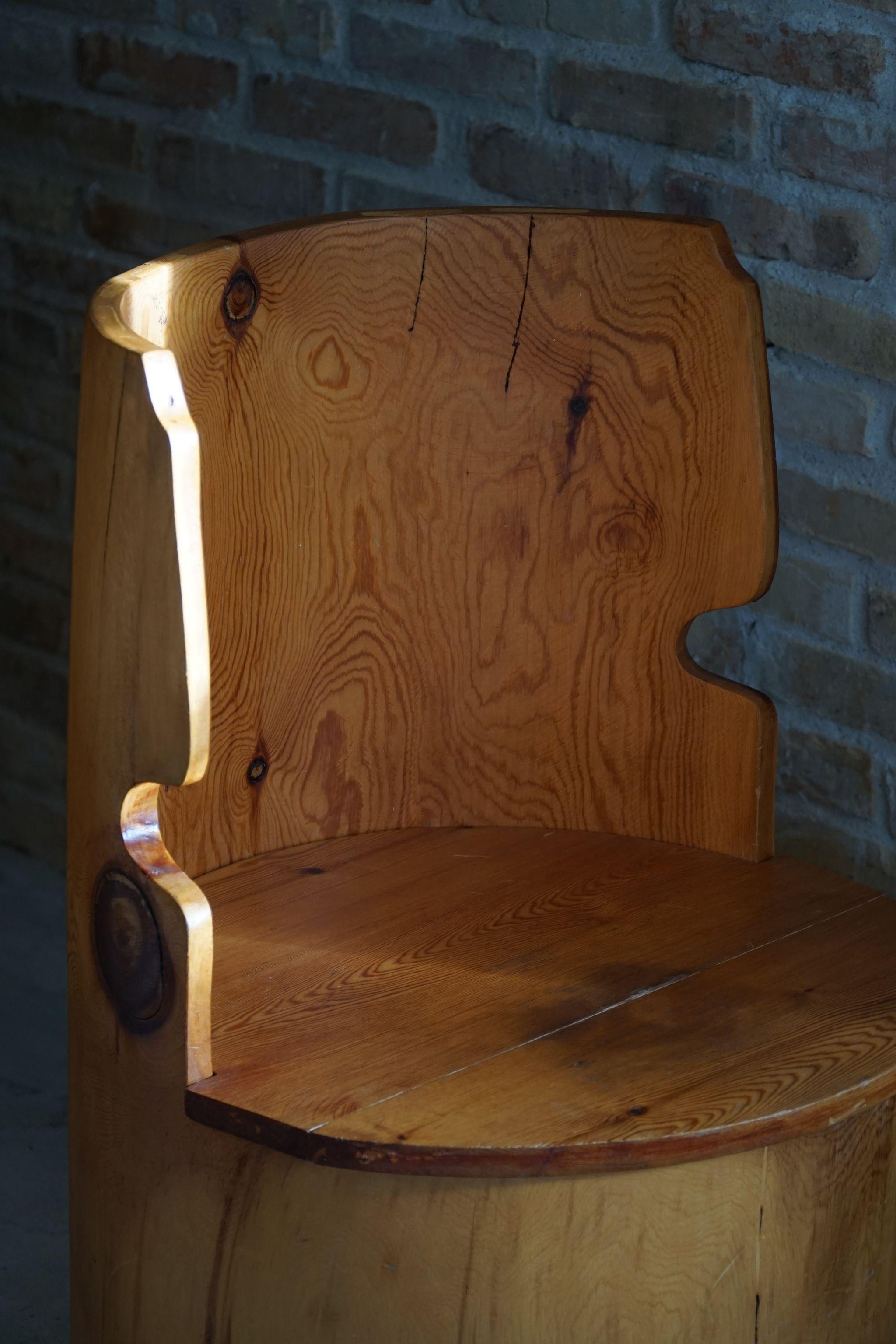 Sculptural Carved Wabi Sabi Brutalist Stump Chair in Solid Pine, Swedish, 1970s For Sale 5