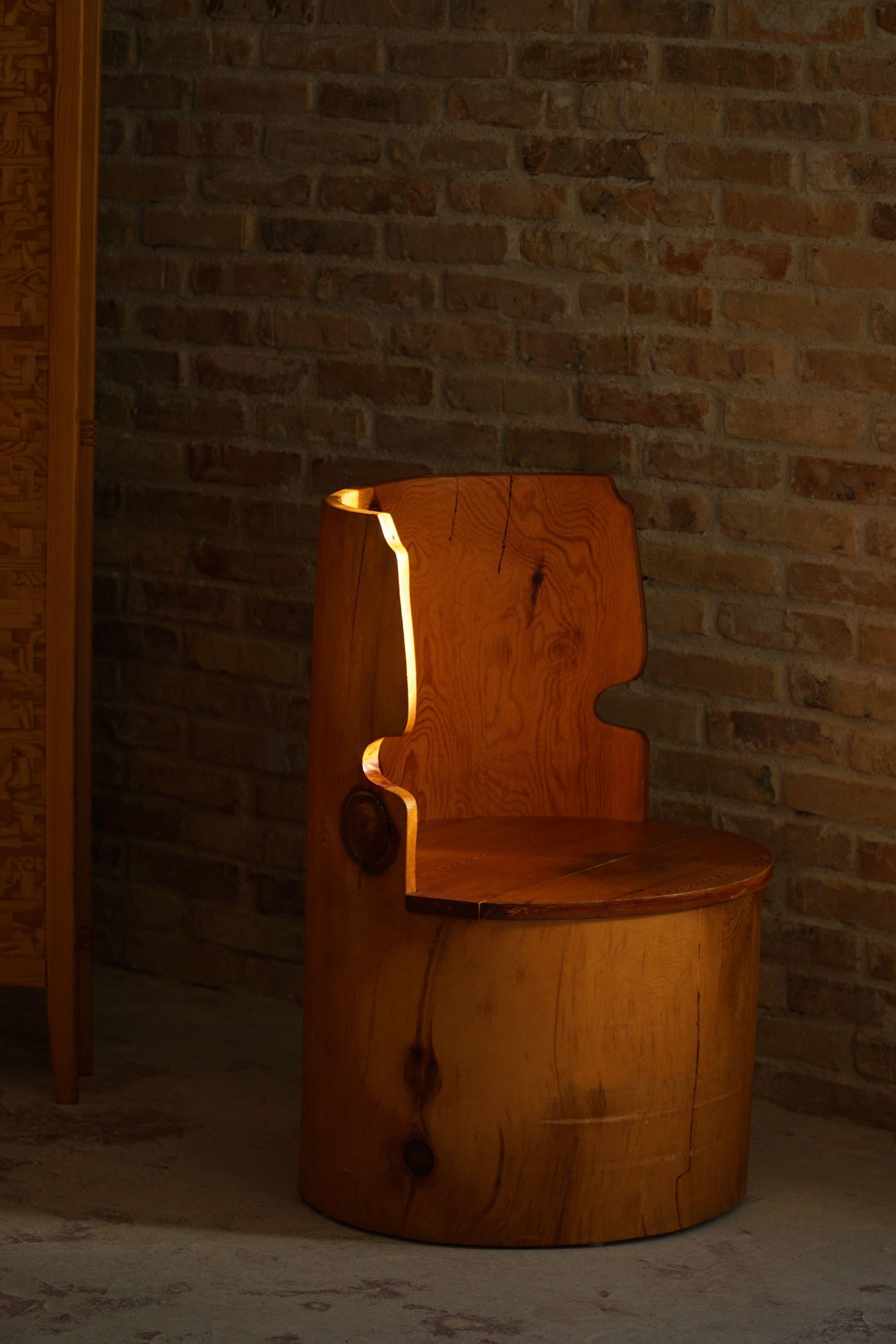 Sculptural Carved Wabi Sabi Brutalist Stump Chair in Solid Pine, Swedish, 1970s For Sale 2