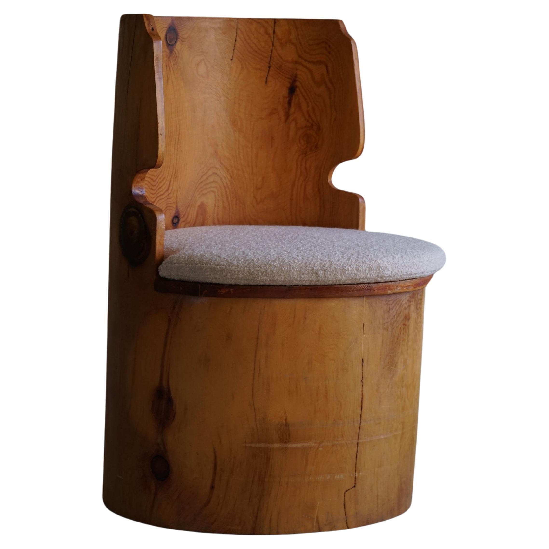 Sculptural Carved Wabi Sabi Brutalist Stump Chair in Solid Pine, Swedish, 1970s