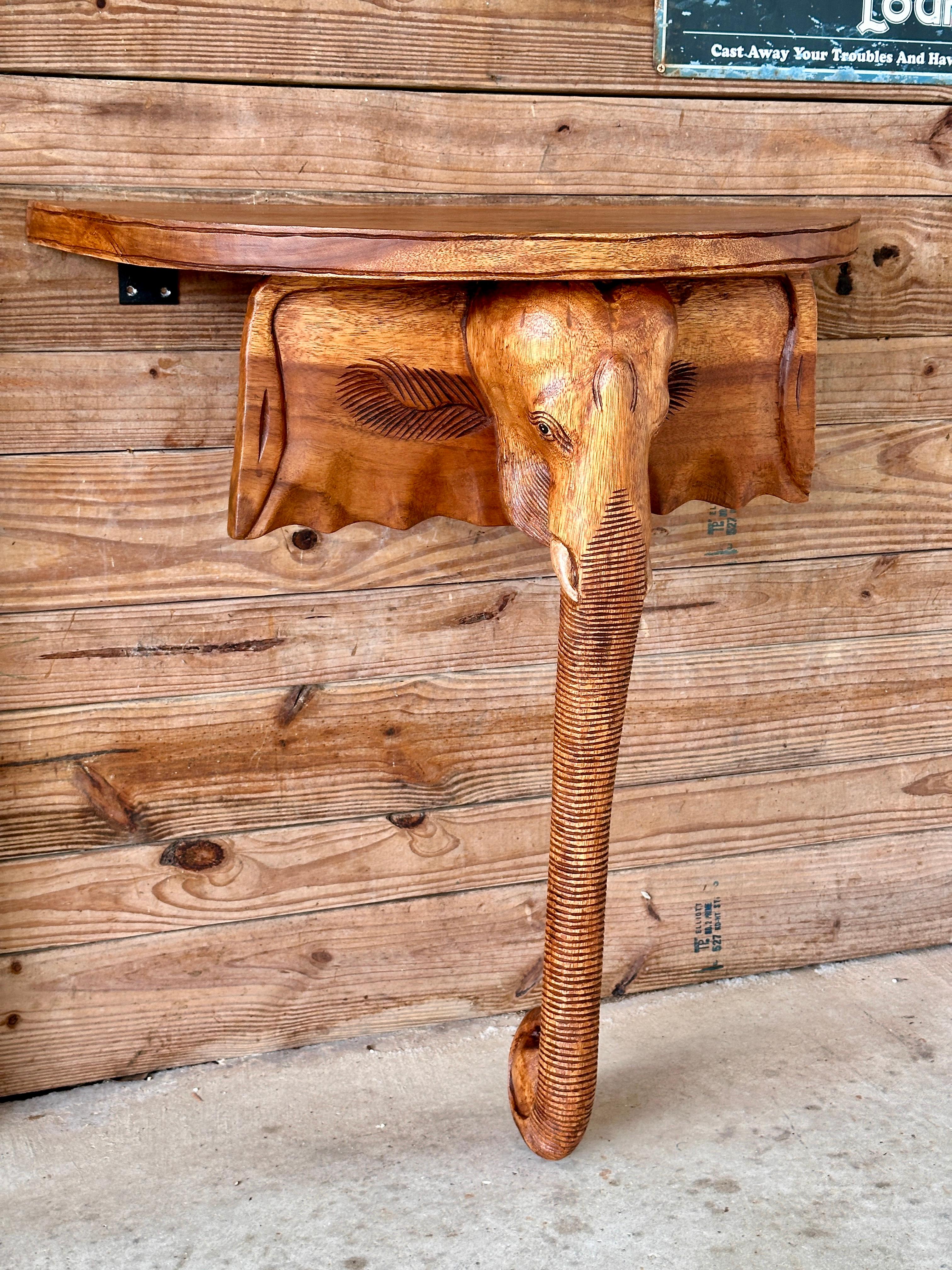 Bohemian Sculptural Carved Wood Elephant Wall Mount Demi-Lune Shelf Table