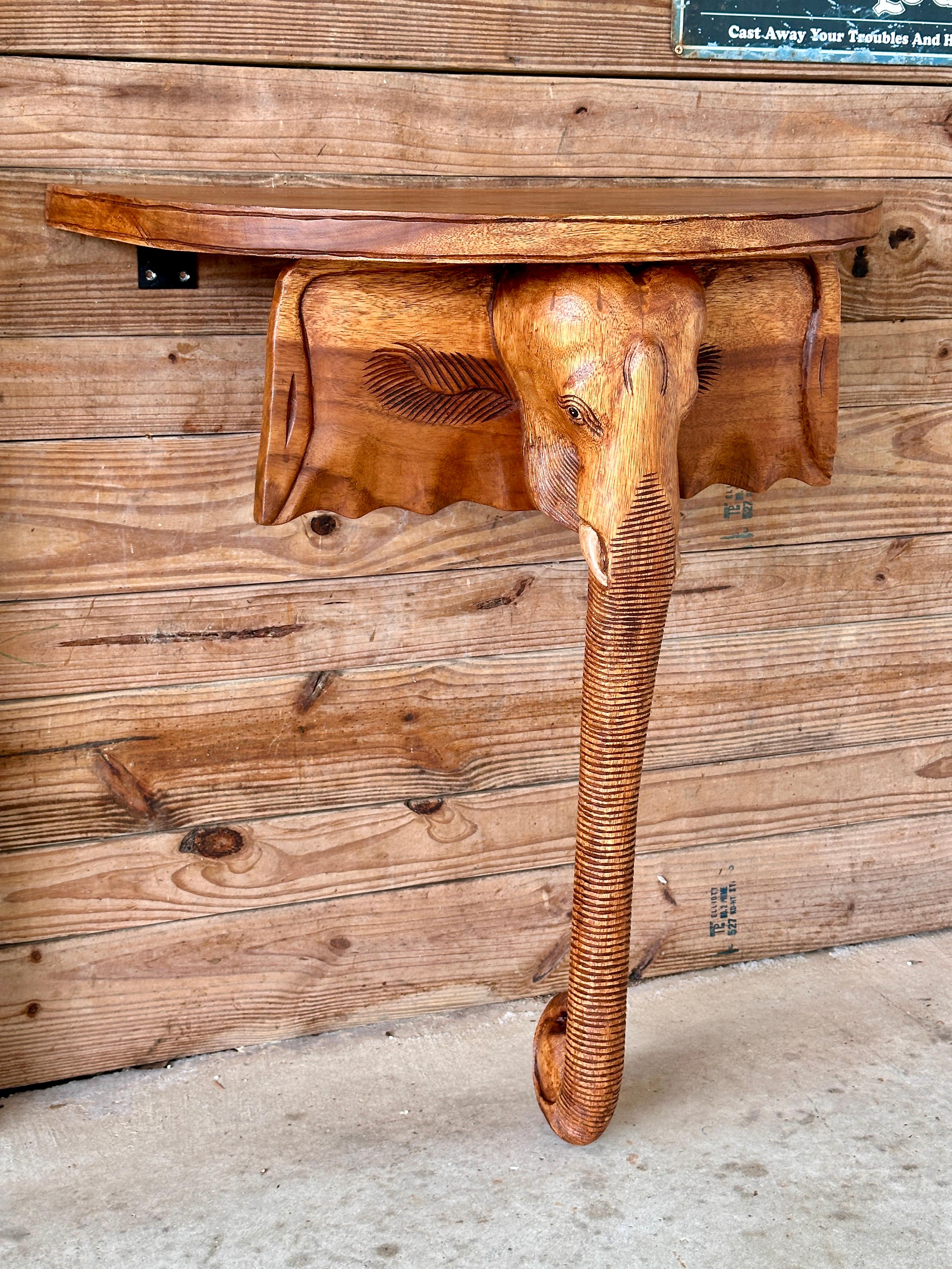 Unknown Sculptural Carved Wood Elephant Wall Mount Demi-Lune Shelf Table
