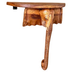 Sculptural Carved Wood Elephant Wall Mount Demi-Lune Shelf Table