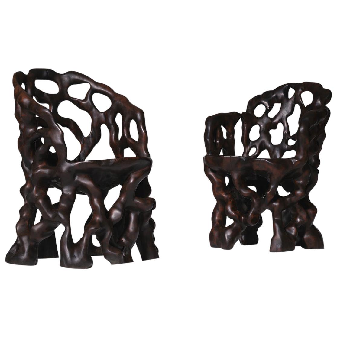 Sculptural Carved Wooden ‘Root’ Chairs