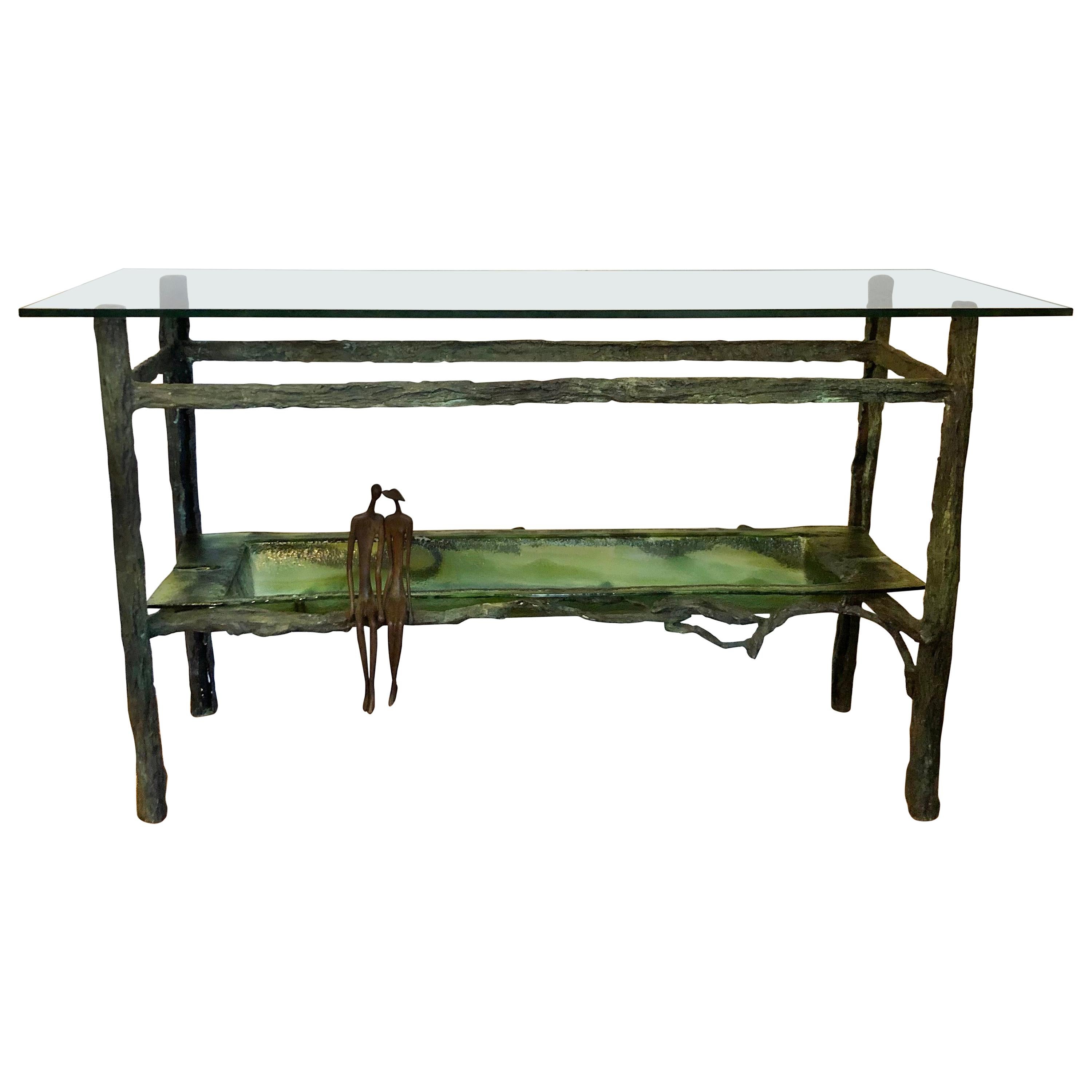 Sculptural Cast Bronze and Glass Table by Ruth Bloch