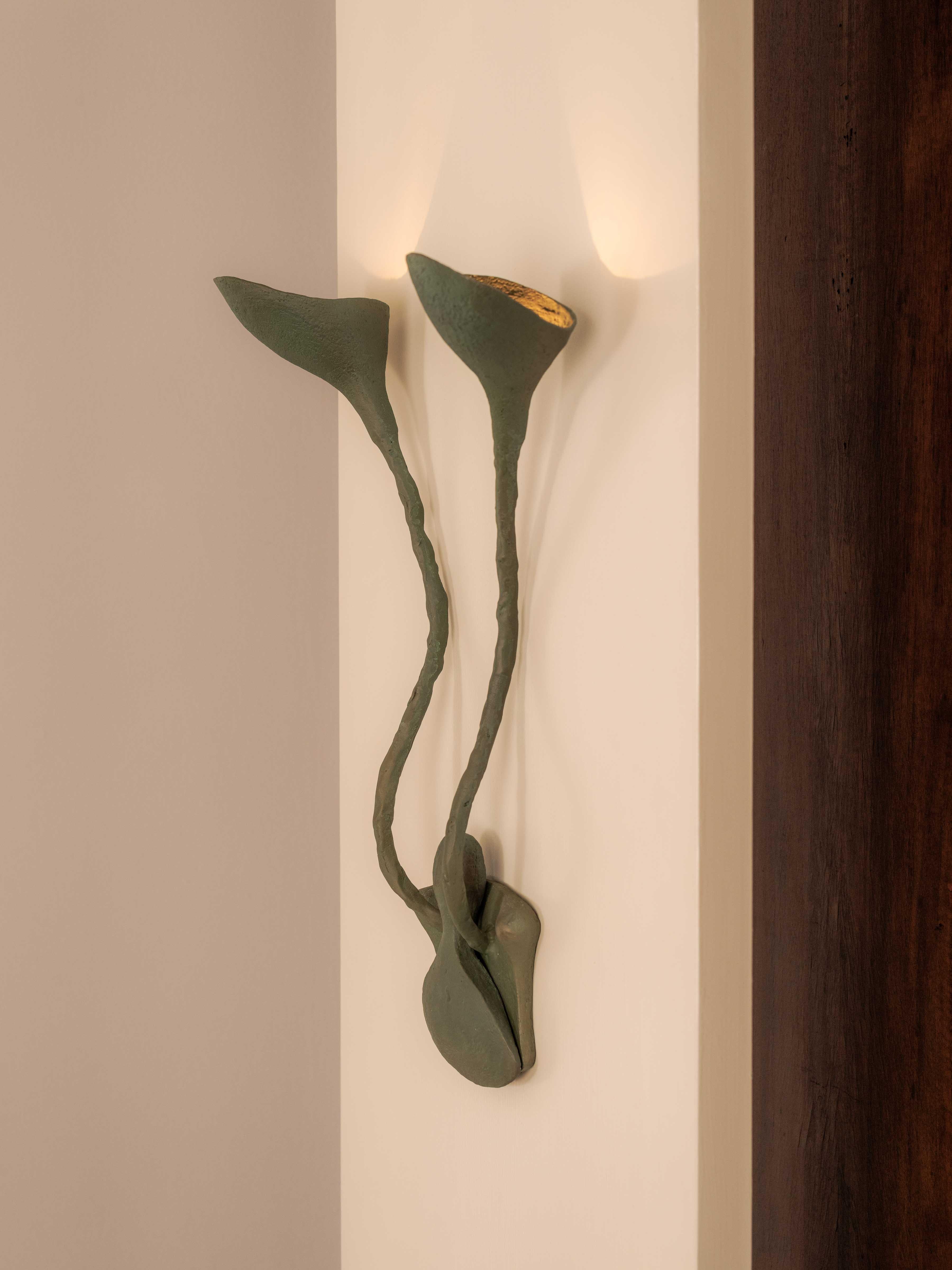 Sculptural Cast Bronze Double Light Wall Sconce in Verdigris Patina In New Condition For Sale In New York, NY