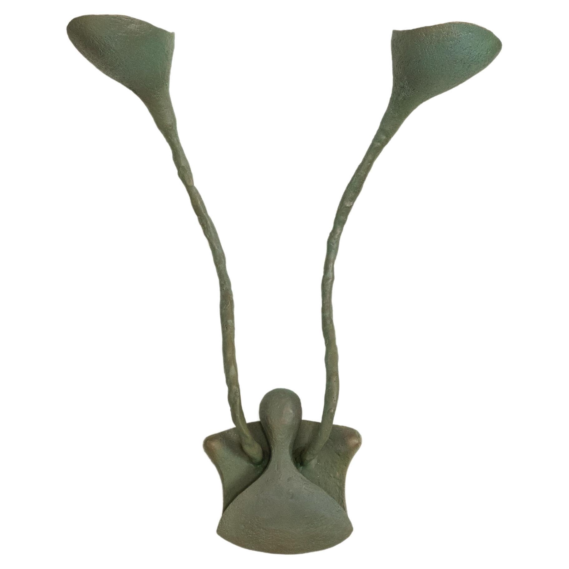 Sculptural Cast Bronze Double Light Wall Sconce in Verdigris Patina For Sale