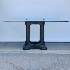 Sculptural Cast Iron Pedestal and Glass Industrial Dining / Work Table