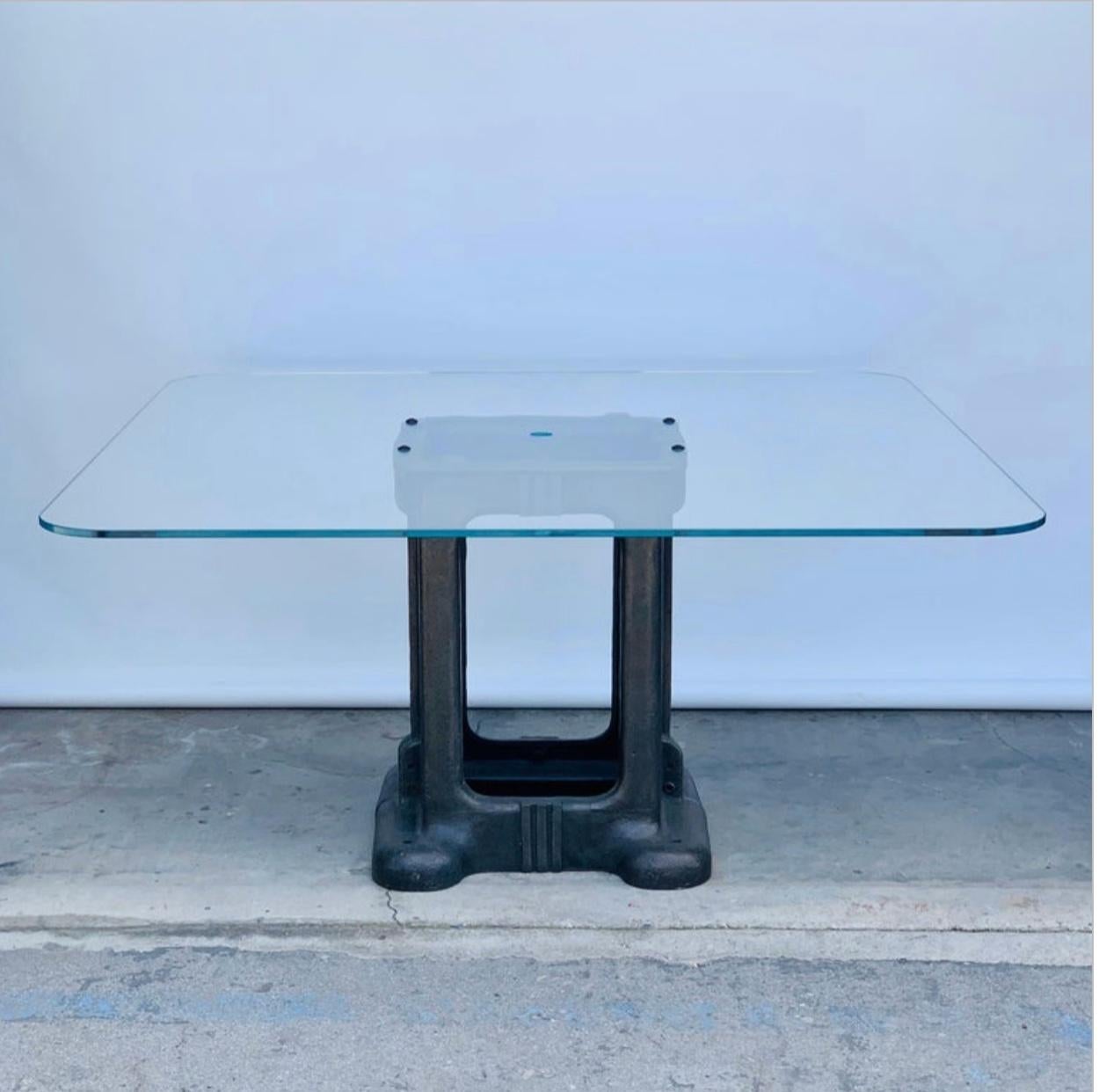 North American Sculptural Cast Iron Pedestal and Glass Industrial Dining / Work Table For Sale