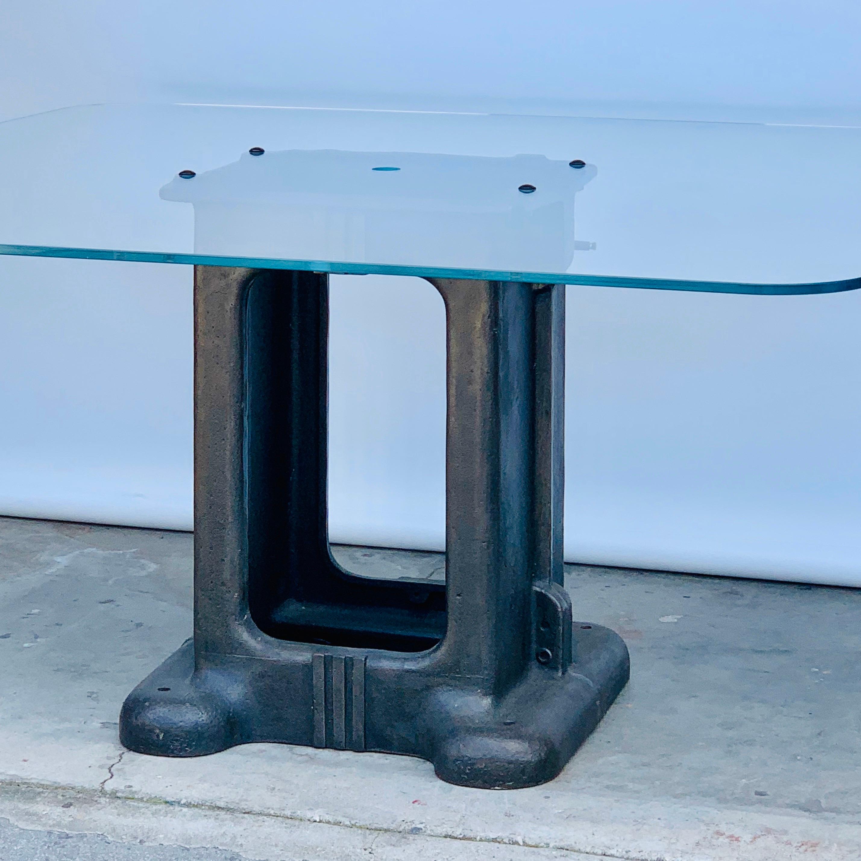 Patinated Sculptural Cast Iron Pedestal and Glass Industrial Dining / Work Table For Sale